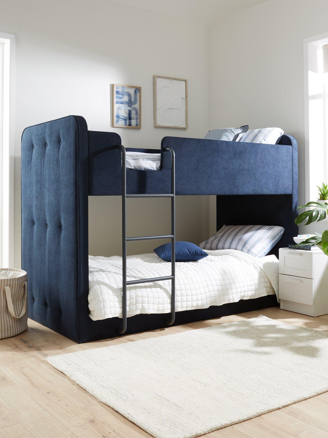 Product photograph of Very Home Charlie Fabric Bunk Bed With Mattress Options Buy And Save - Deep Blue - Bunk Bed Frame With 2 Standard Mattresses from very.co.uk