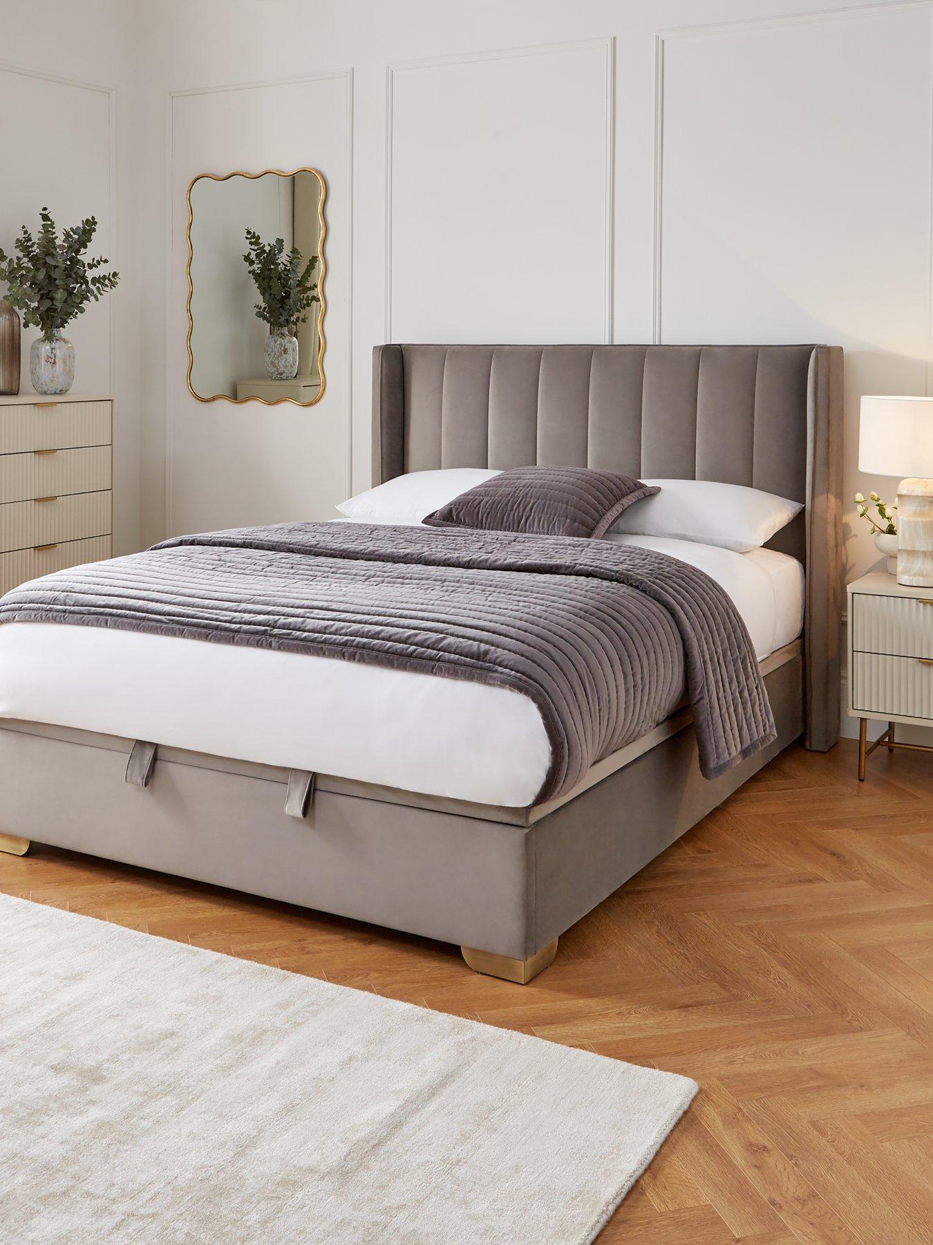 The Very Collection New Dakota Velvet End Lift Up Storage Ottoman Bed with Mattress Options (Buy  &  SAVE!) - Grey, Cream
