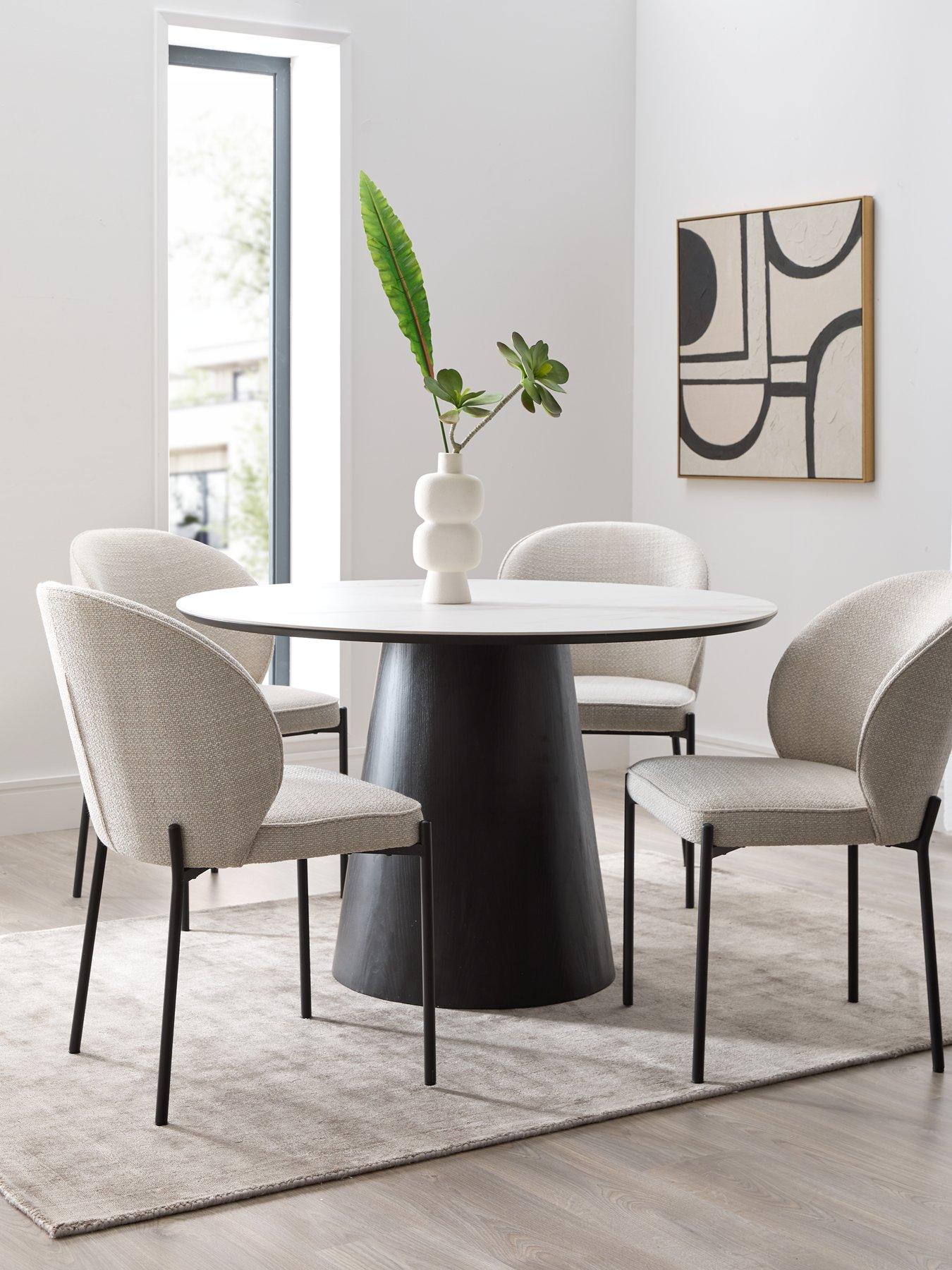 undefined Nordic 120 cm Round Ceramic Top Dining Table + 4 Fabric Chairs - White/Black/Grey - FSC® Certified