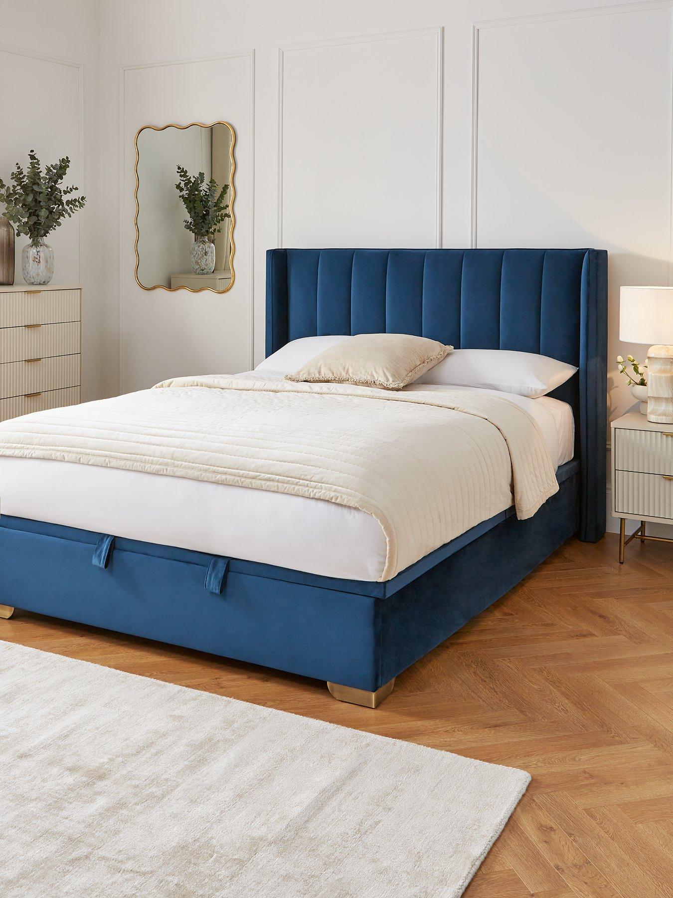 Product photograph of Very Home New Dakota Velvet Lift Up Storage Bed Frame With Mattress Options Buy Amp Save - Blue from very.co.uk