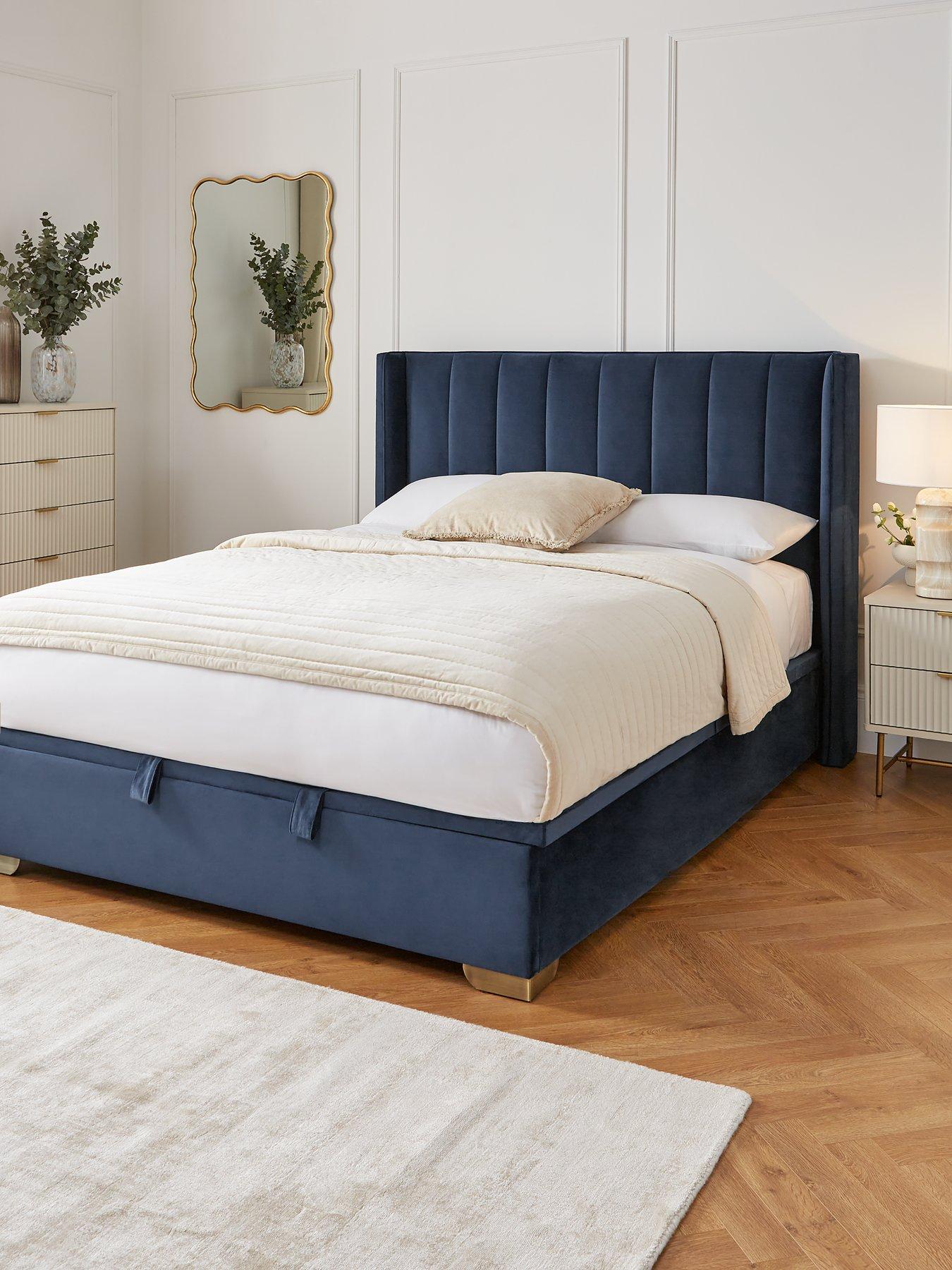 The Very Collection New Dakota Velvet End Lift Up Storage Ottoman Bed with Mattress Options (Buy  &  SAVE!) - Blue