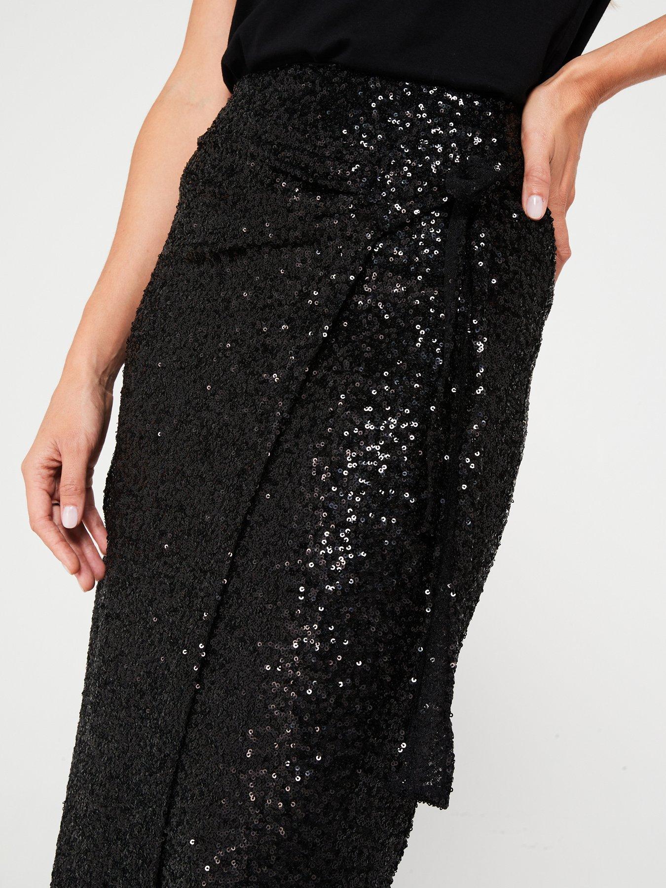 Vijiv Women's Sequin Pencil Skirt - Sparkly Midi, High Waist, Side Slit, Stretchy, Black, X-Large
