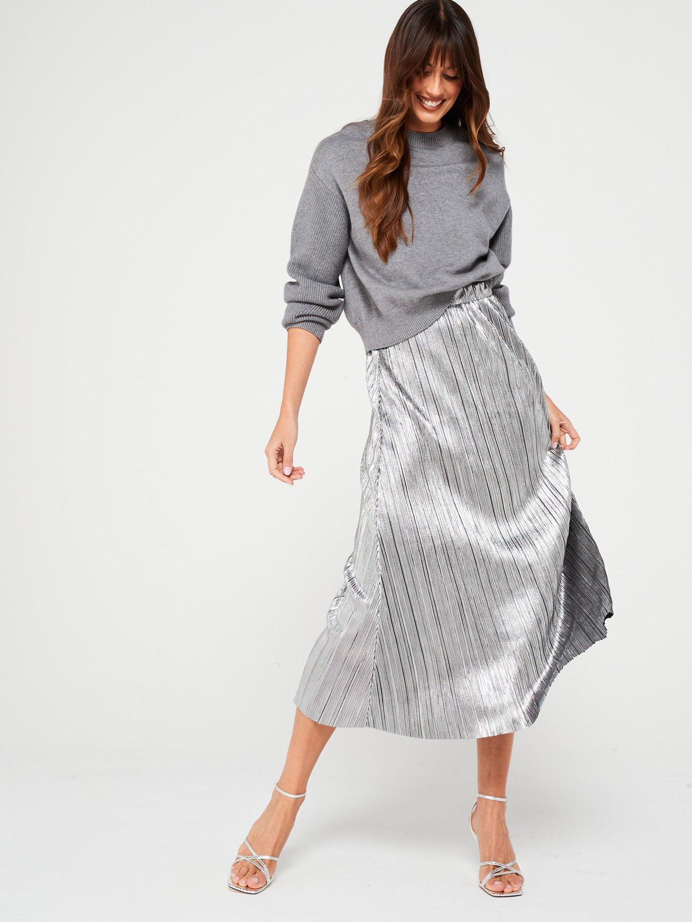 V by Very Pleated Full Midaxi Skirt Silver