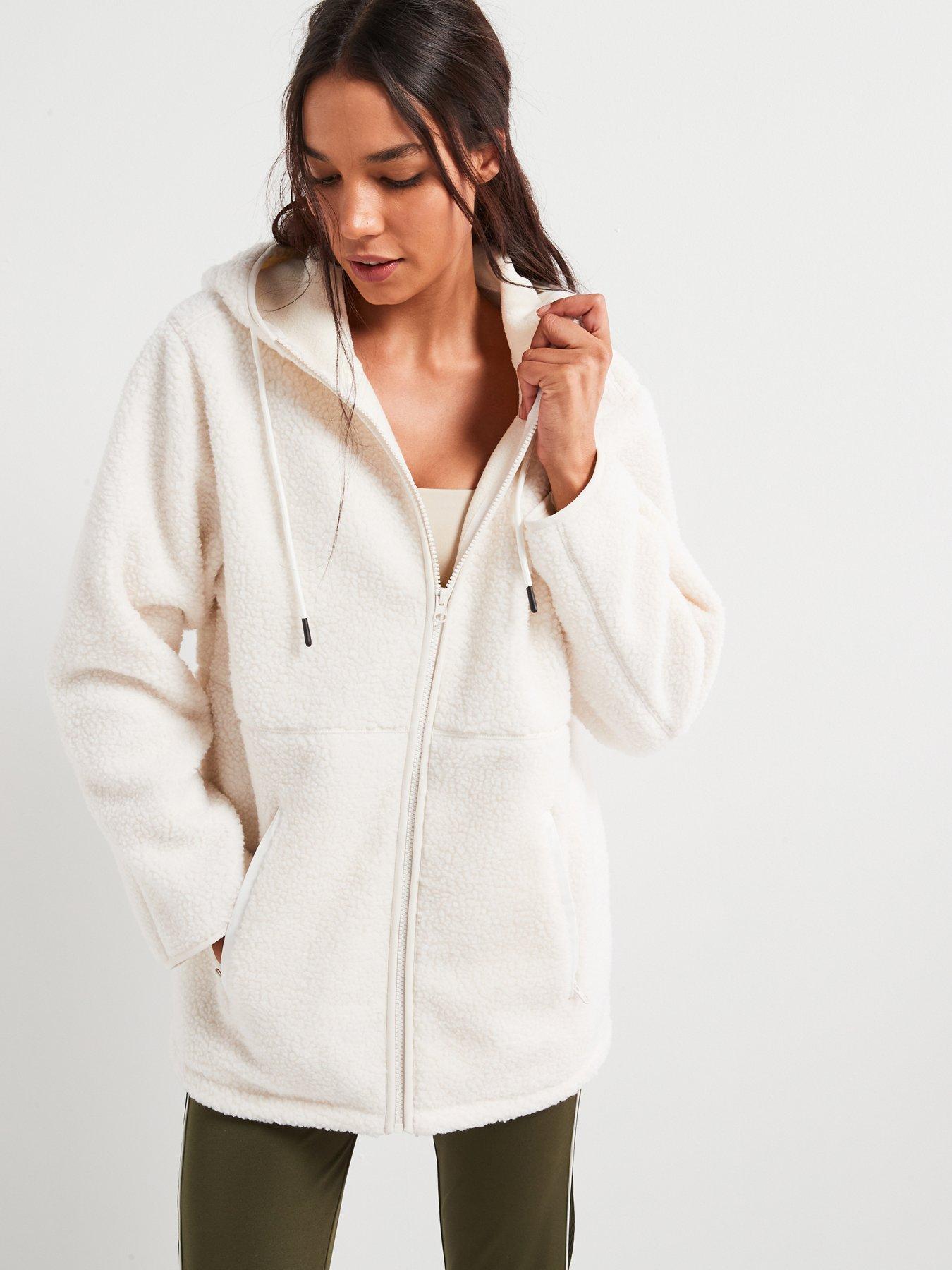 undefined Zip Through Hooded Contrast Toggle Sherpa Fleece - Cream