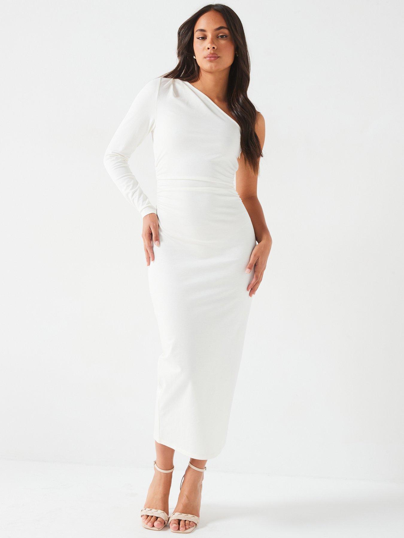 undefined One Shoulder Ruched Waist Stretch Midi Dress - Cream