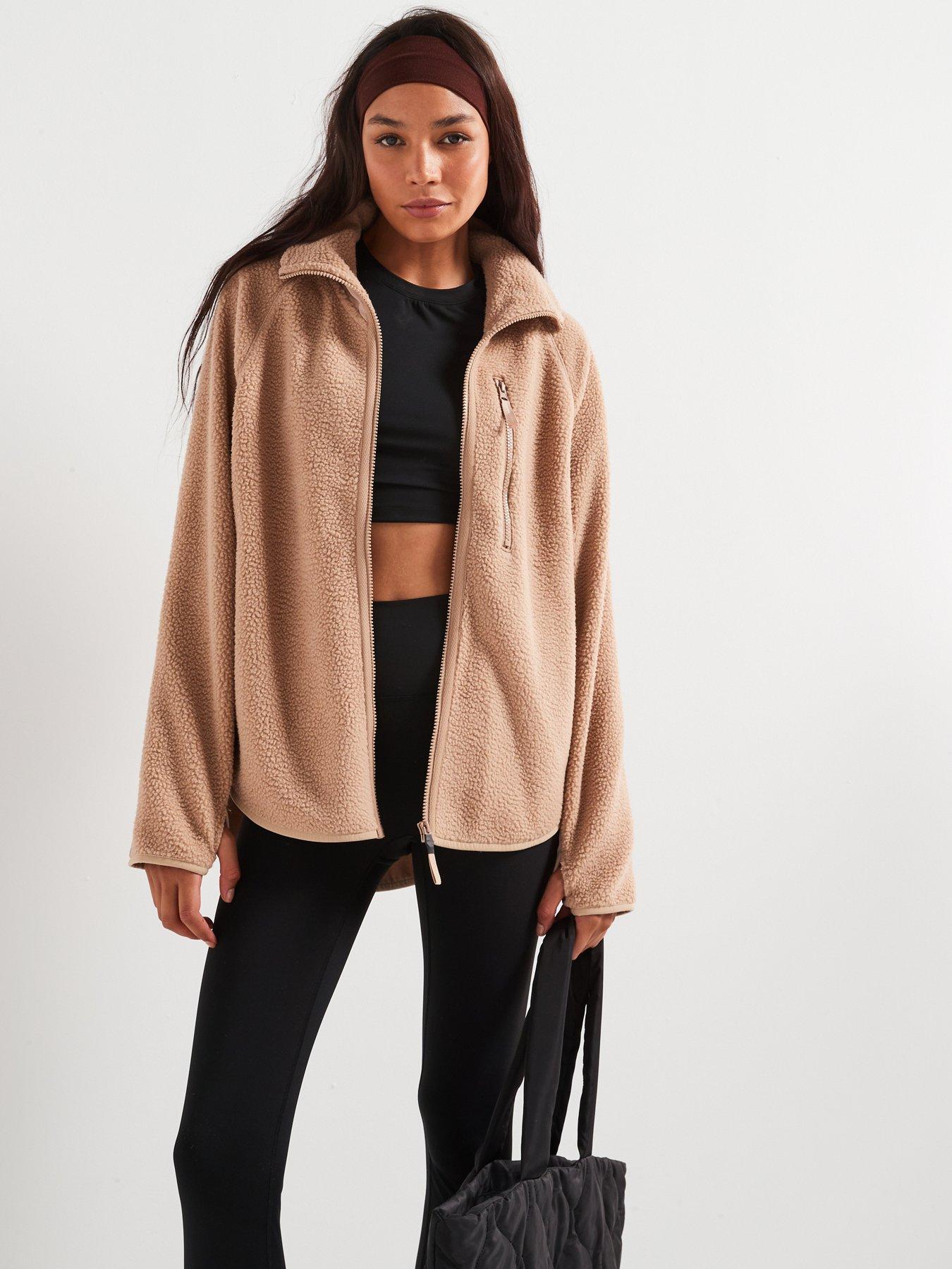 undefined Zip Through Collar Contrast Sleeve Sherpa Fleece - Brown