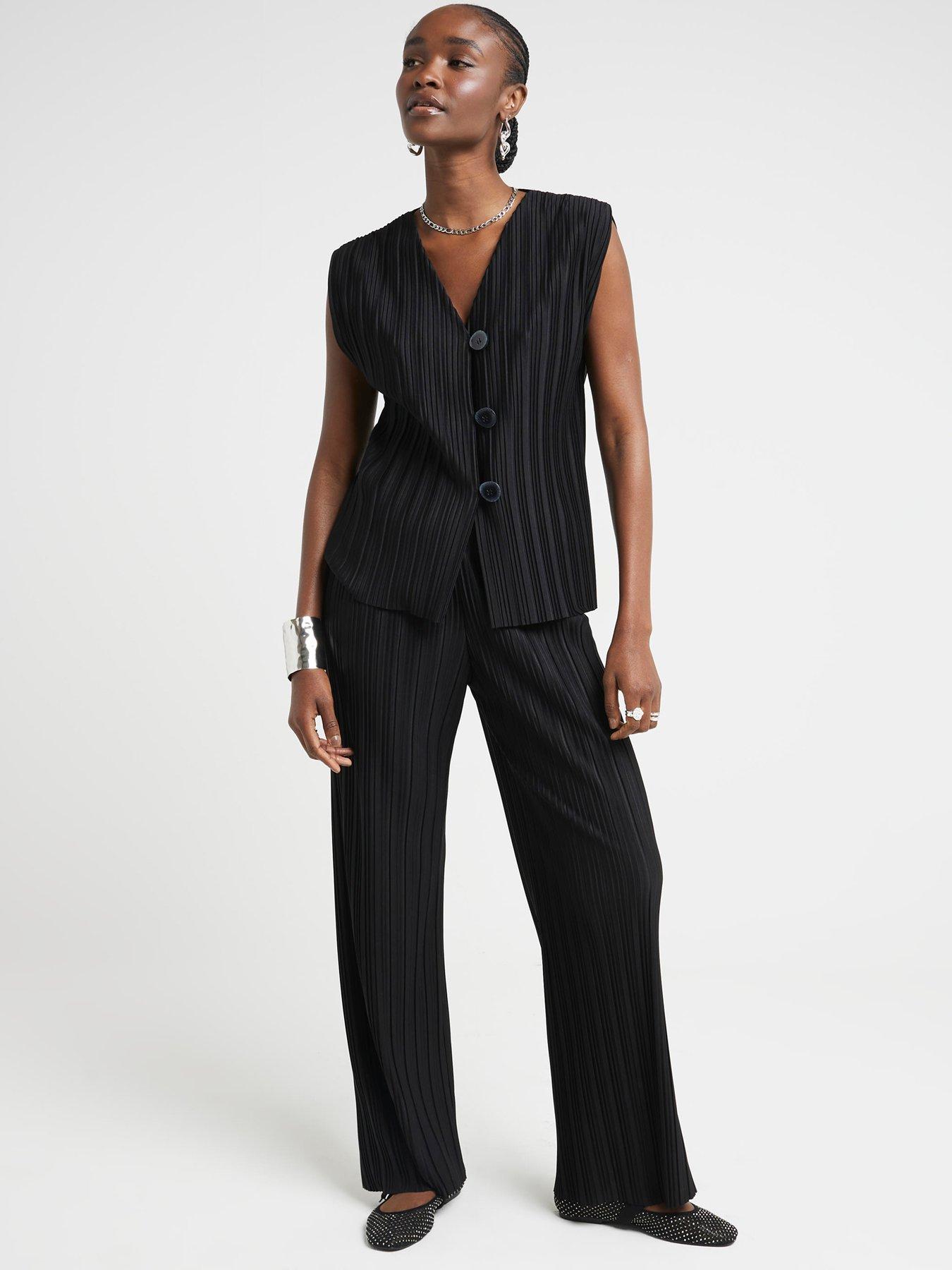 river island plisse wide leg trousers - black