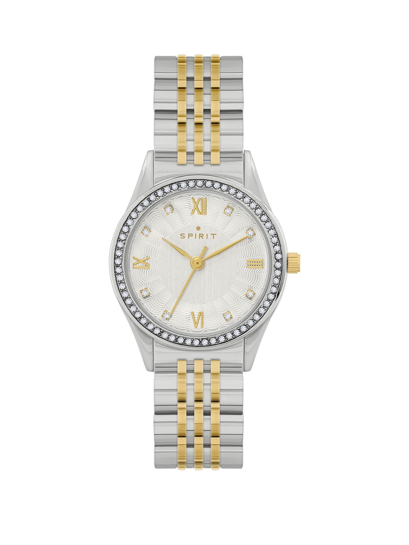 Product photograph of Spirit Ladies Polished Pale Gold Amp Silver Stone Bezel Bracelet Watch from very.co.uk