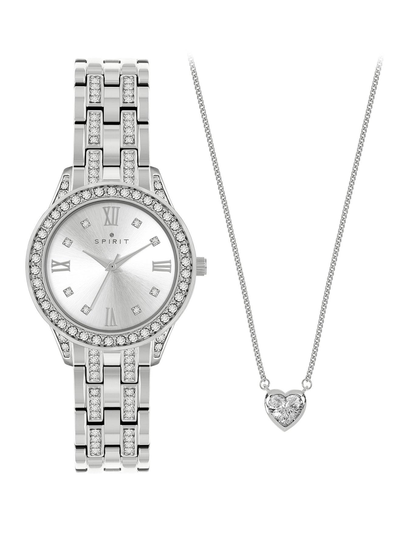 Spirit Ladies Polished Silver Bracelet Watch  &  Heart-Shaped Stone Chain Necklace Set