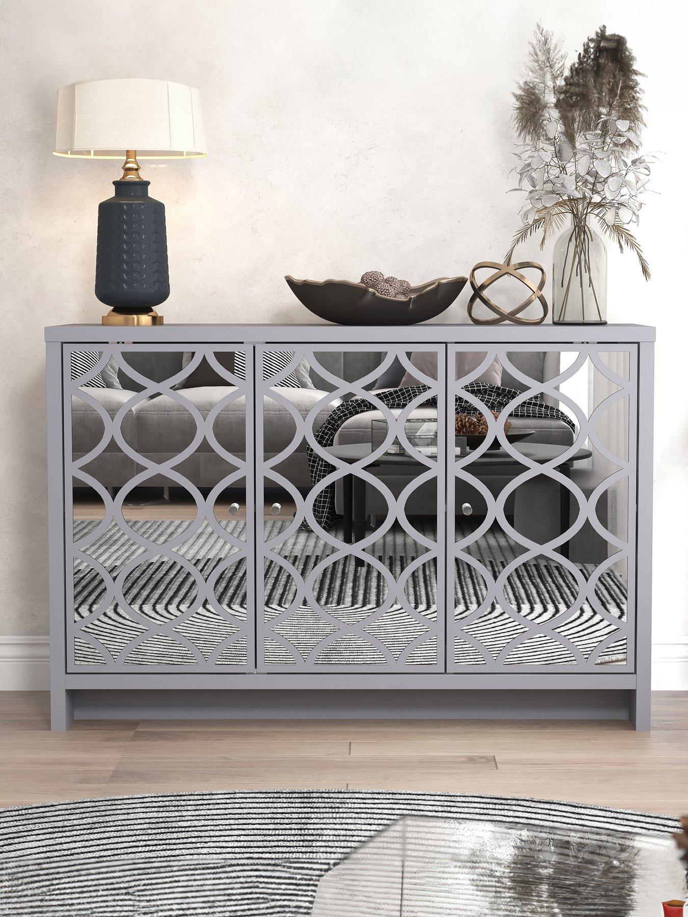 undefined Arianna Mirrored 3 Door Sideboard - Grey