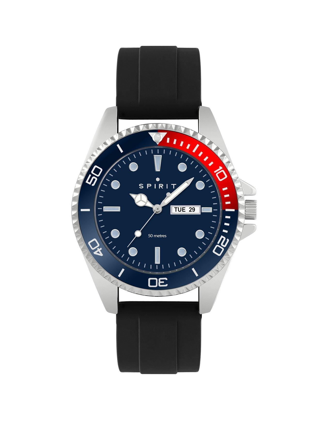 Product photograph of Spirit Gent S Polished Silver Sports Bezel Black Silicone Strap Watch from very.co.uk