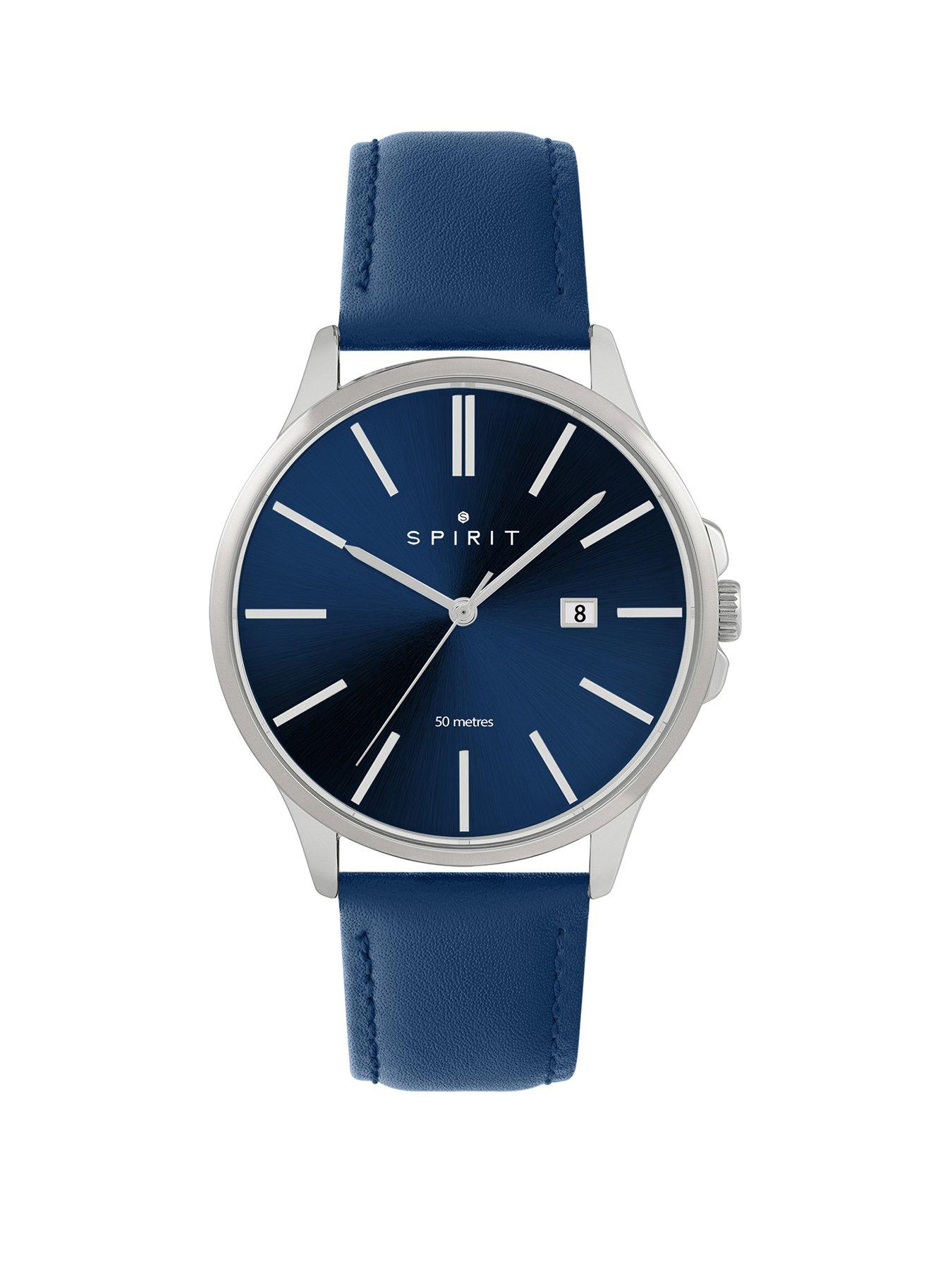 Product photograph of Spirit Gents Classic Polished Silver Leather Watch In Navy from very.co.uk