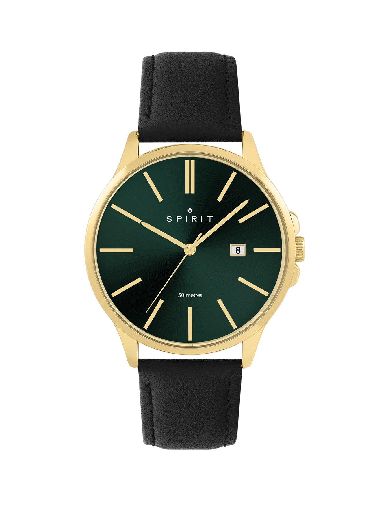 Spirit Gents Classic Polished Gold Leather Watch in Black