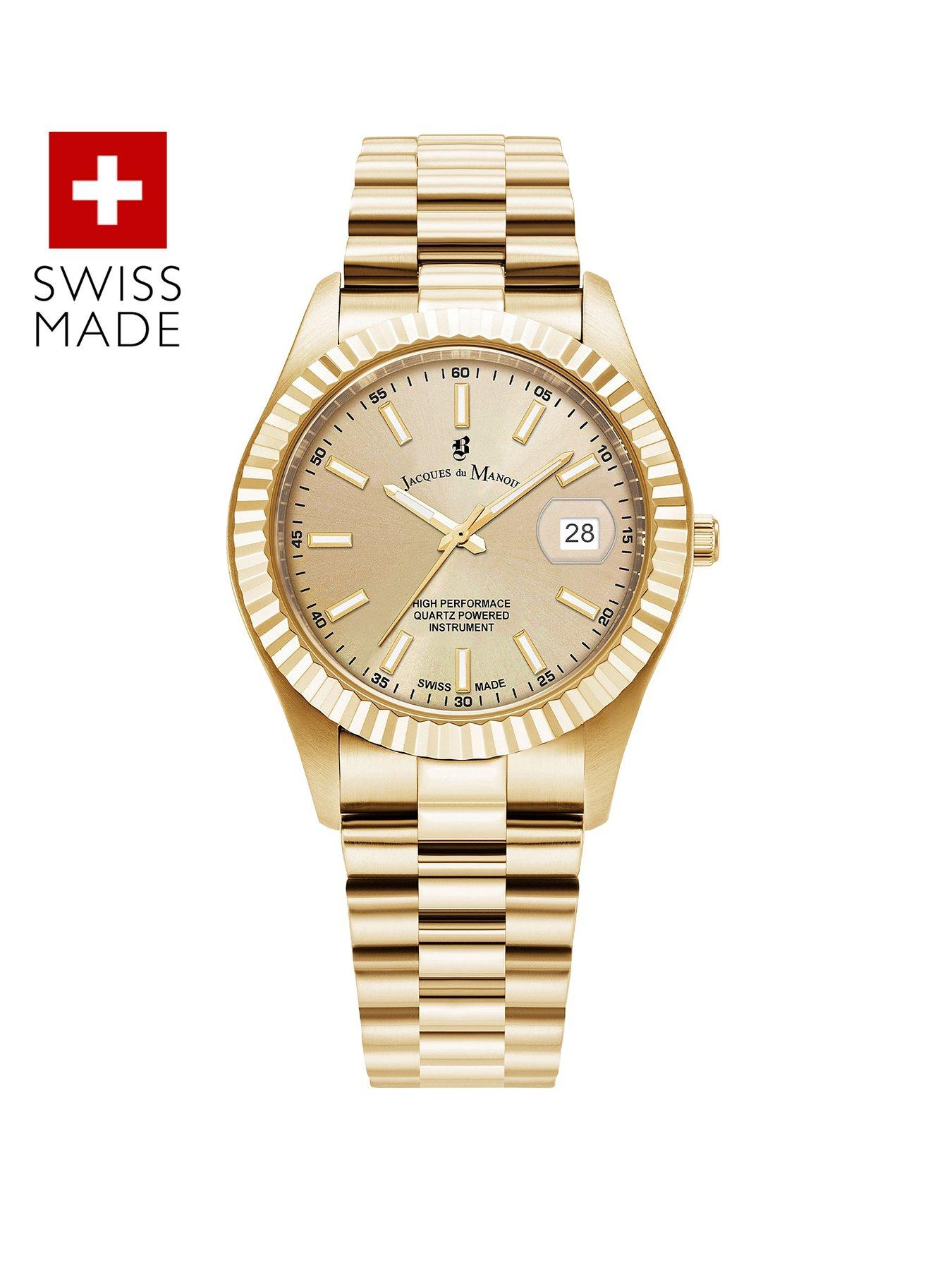 Product photograph of Jacques Du Manoir Swiss-made Gents Inspiration Gold Plated Bracelet Watch from very.co.uk