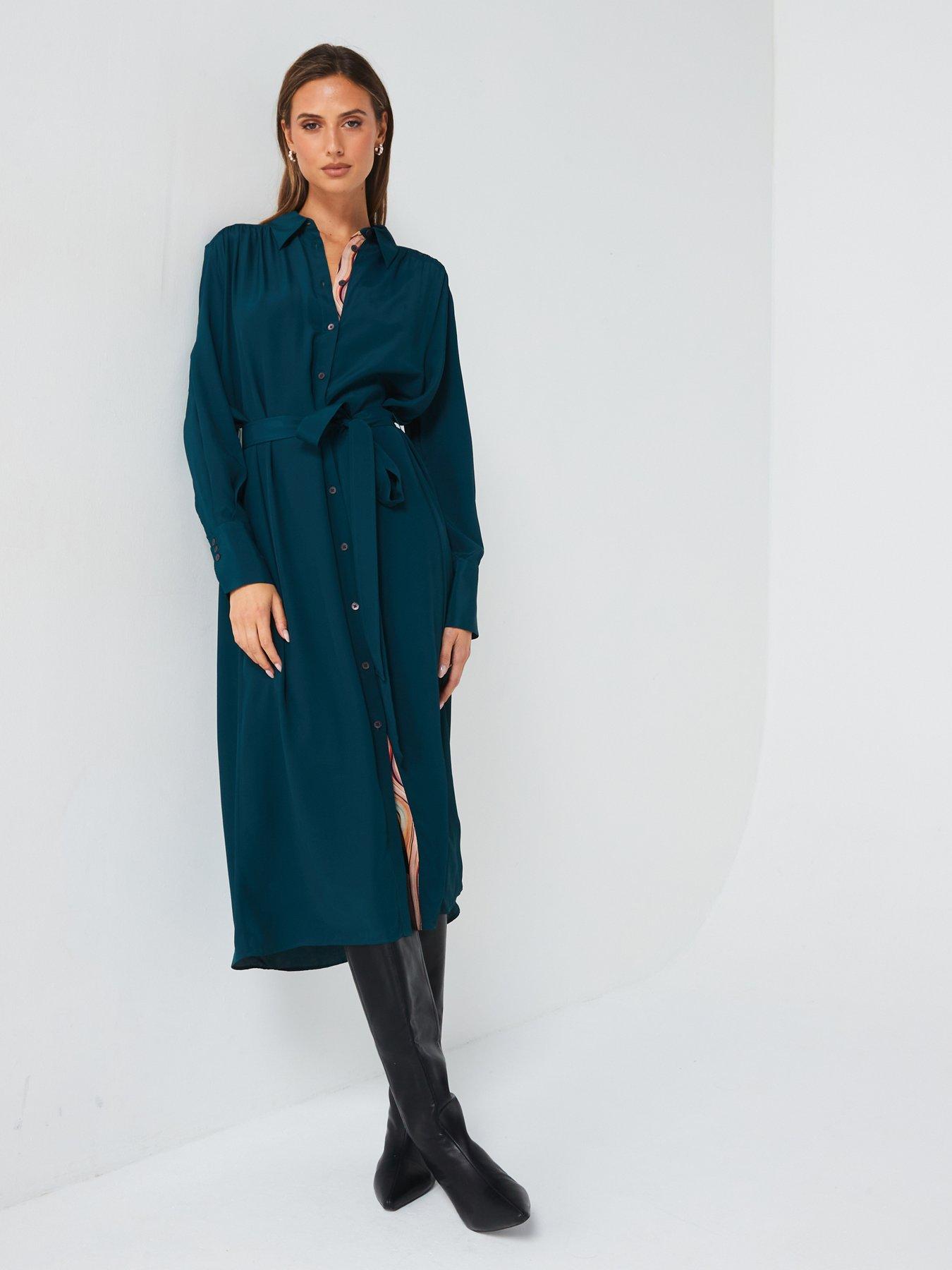 undefined Long Sleeve Midi Shirt Dress - Blue