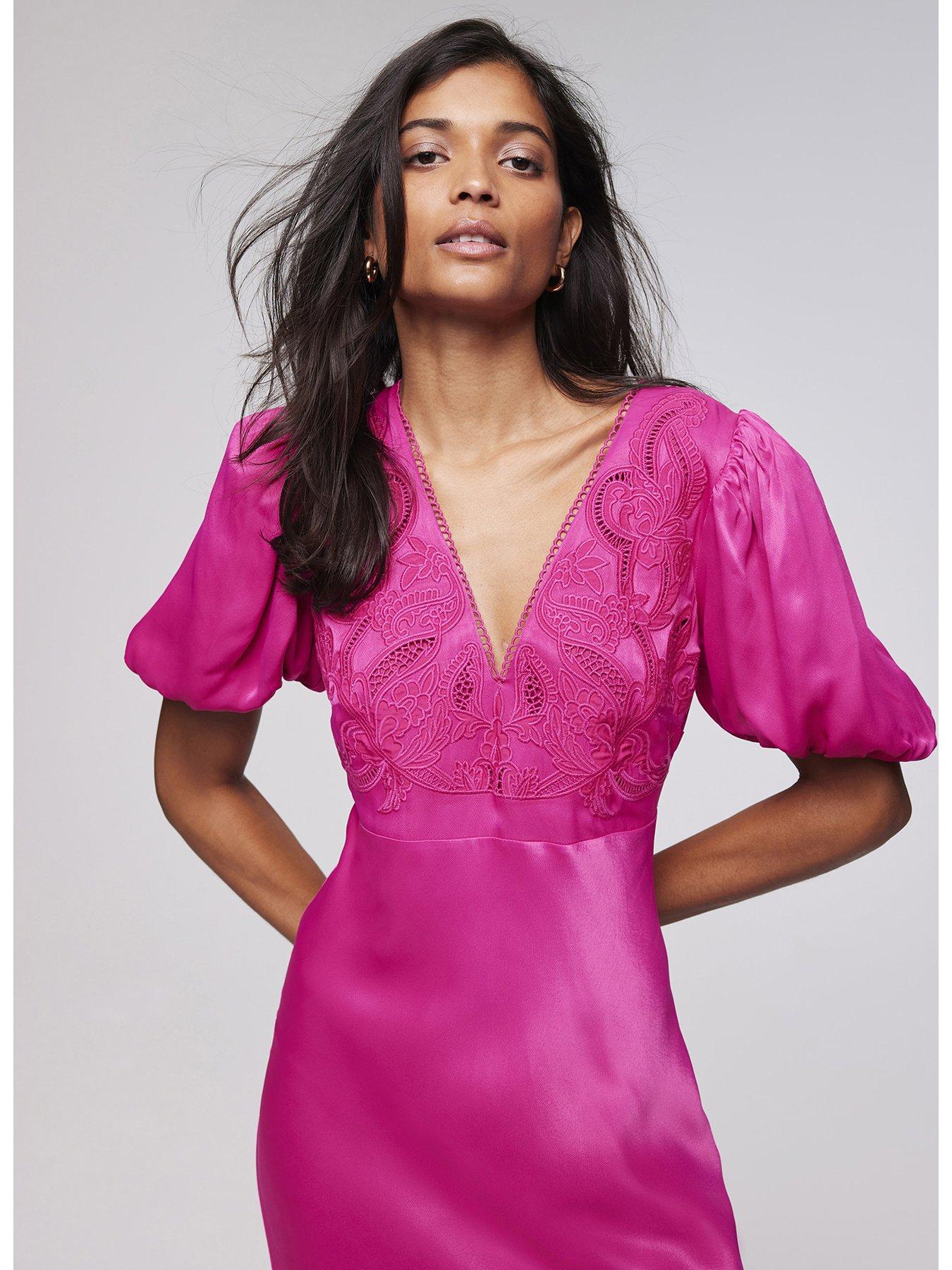 Pink Lace Puff Sleeve Maxi Dress