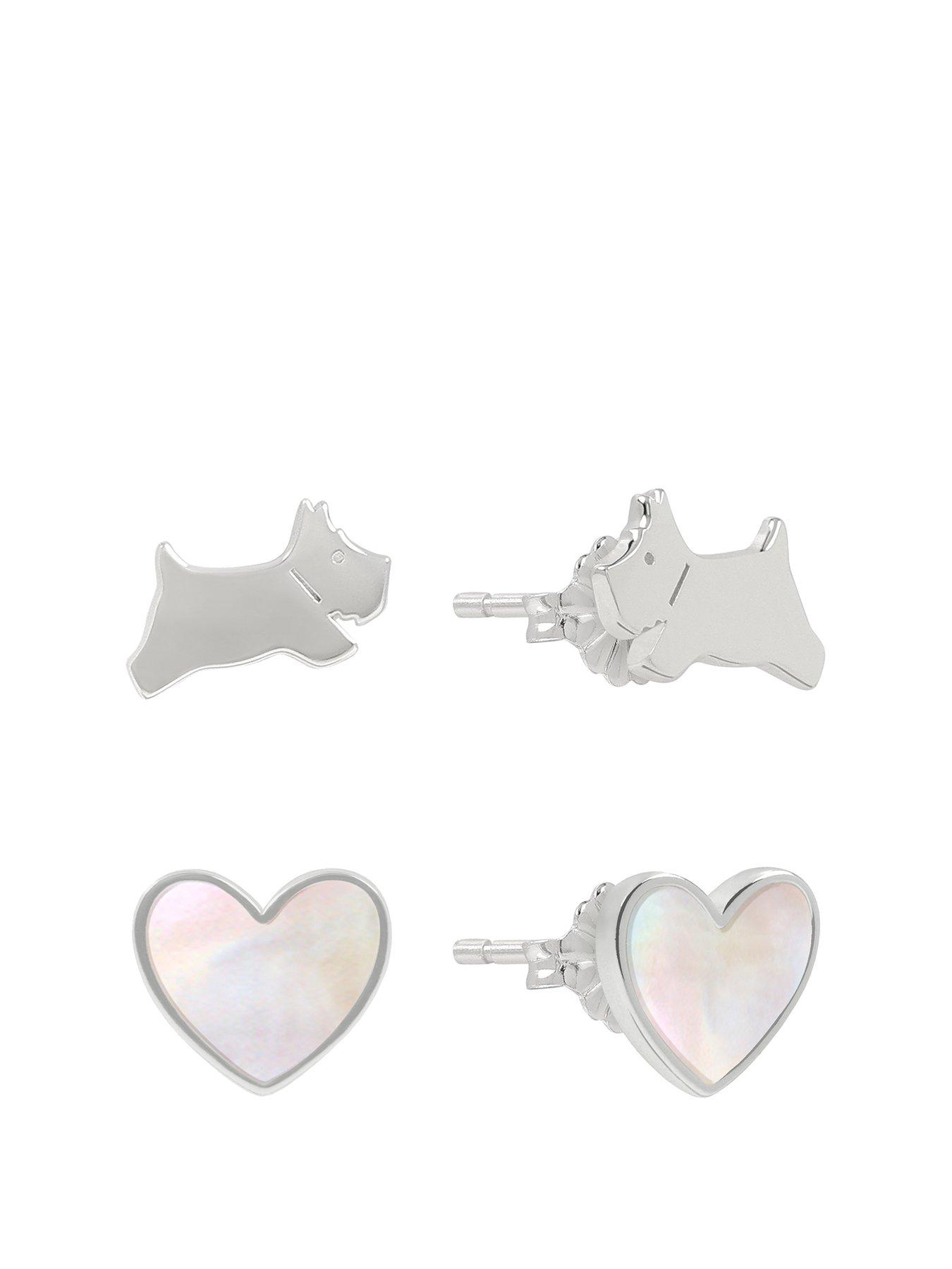 undefined Sterling Silver Dog and Genuine Mother Of Pearl Heart Earrings