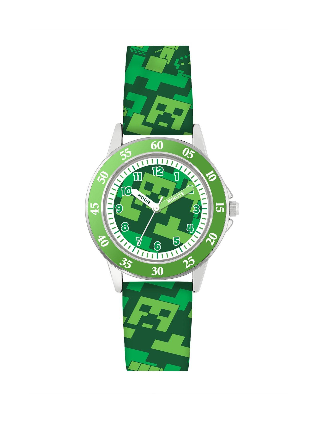 Product photograph of Minecraft Creeper Green Printed Strap Quartz Watch from very.co.uk