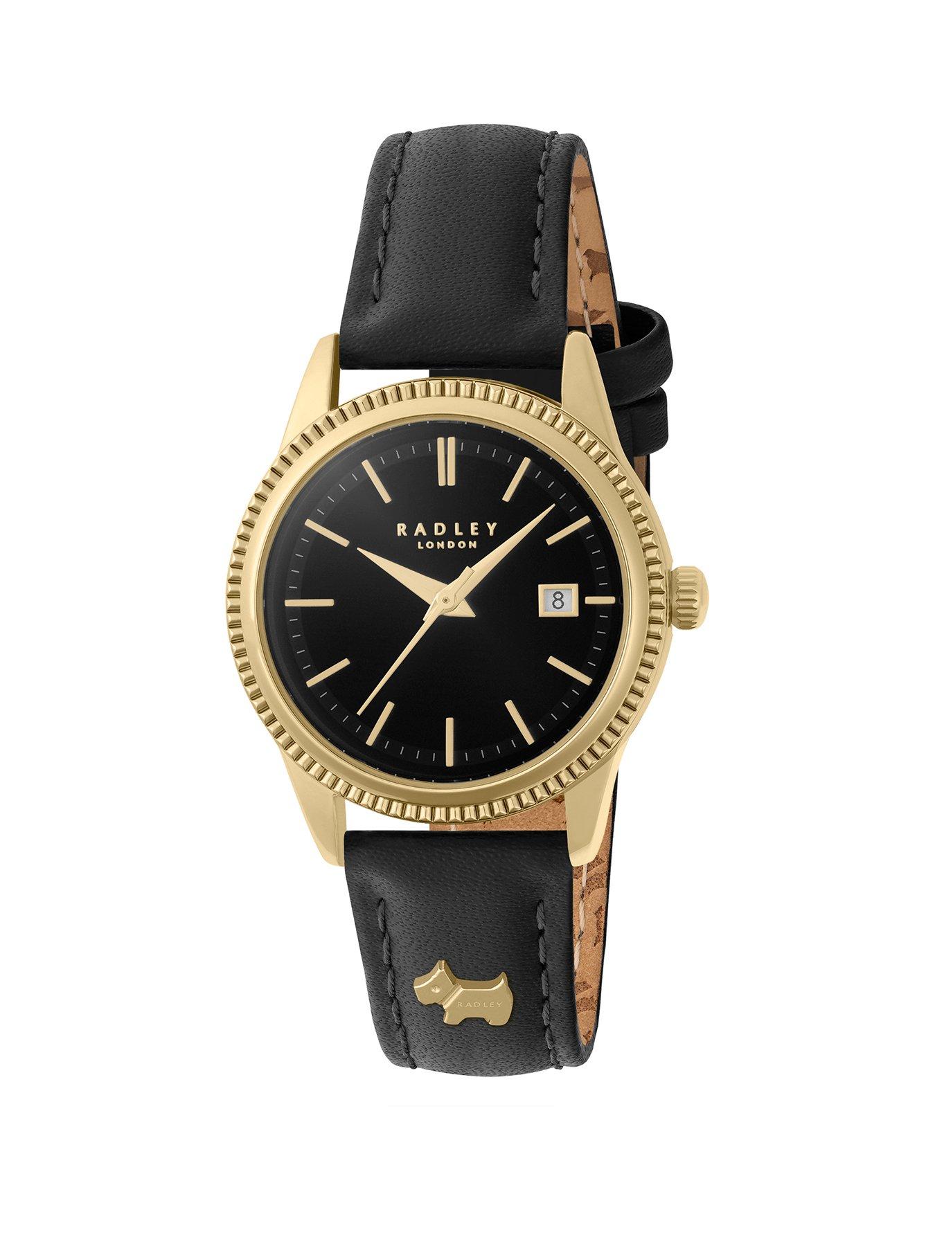 Product photograph of Radley Gold Plated Black Leather Strap Watch from very.co.uk