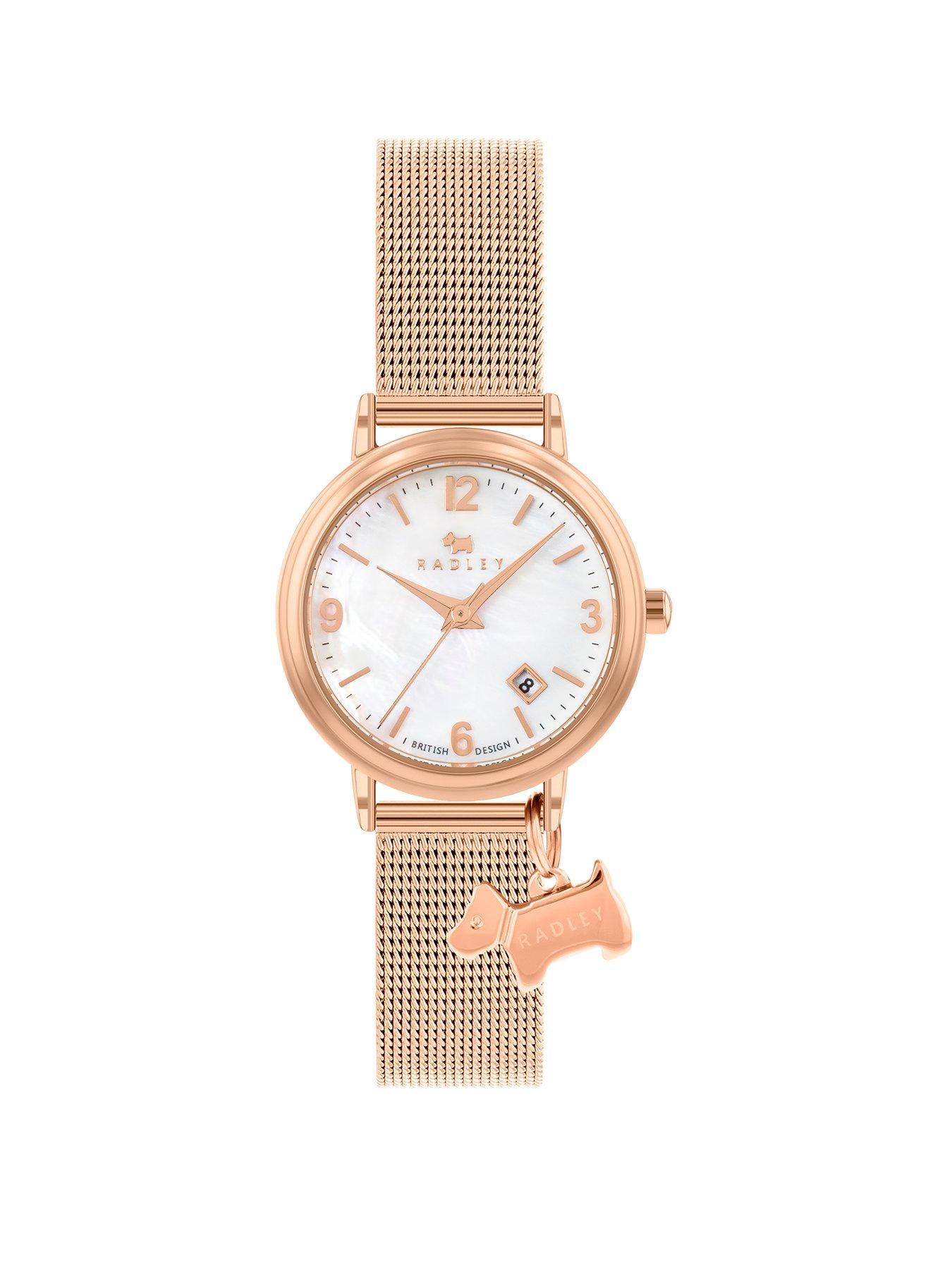 Product photograph of Radley Ladies Rose Gold Plated Mesh Bracelet With Dog Charm Watch from very.co.uk