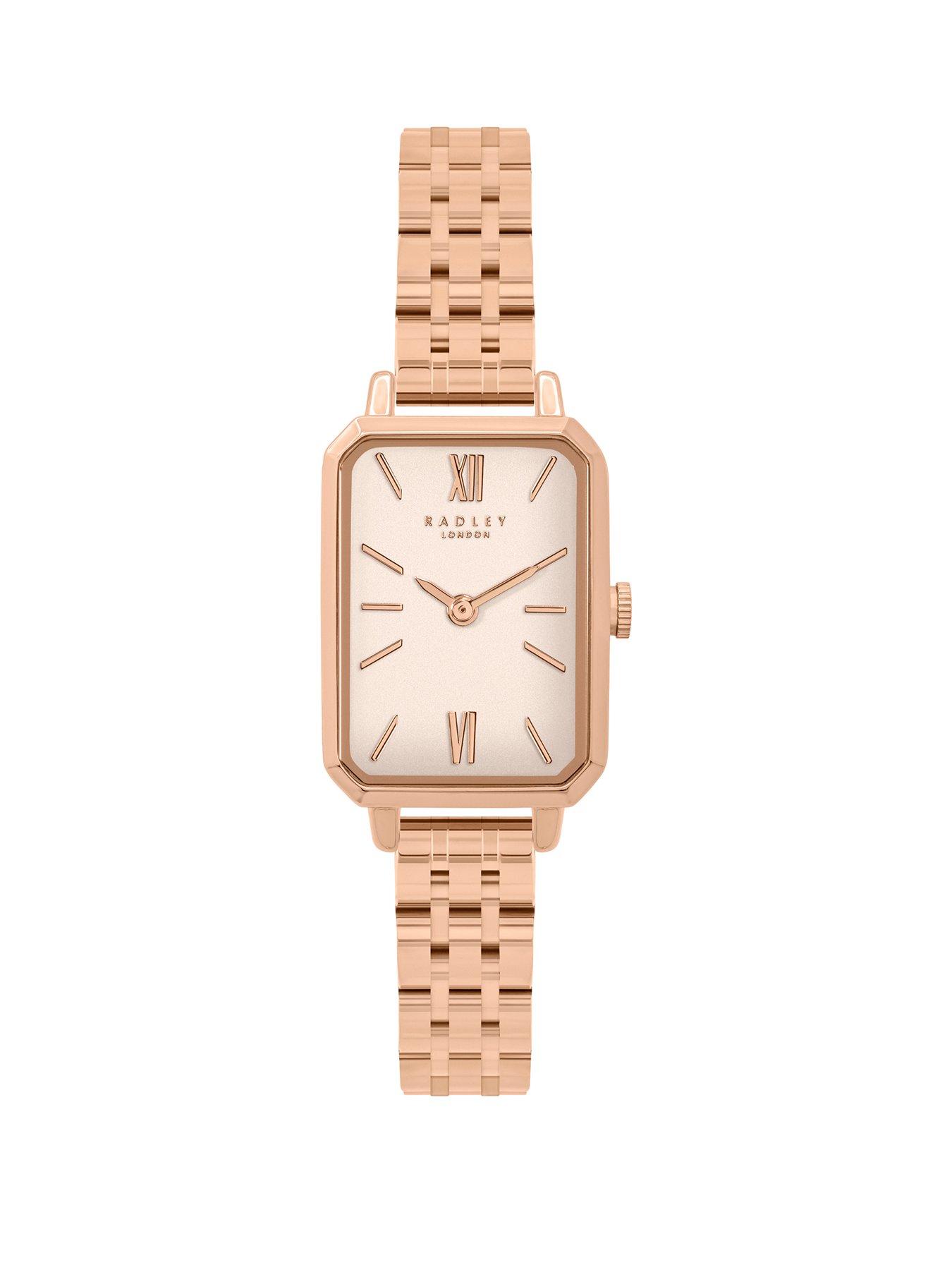 Product photograph of Radley Ladies Rose Gold Rectangle Bracelet Watch from very.co.uk