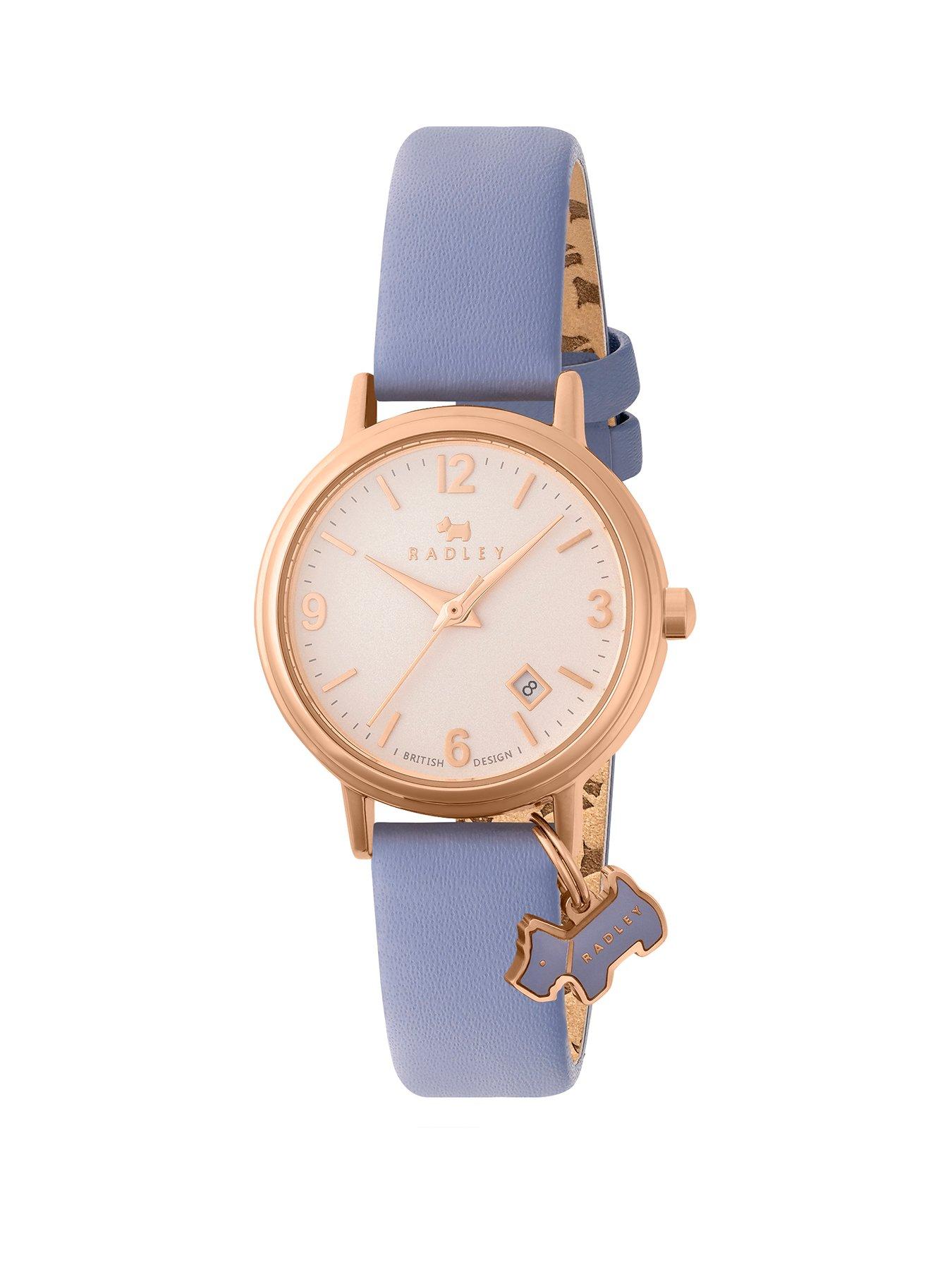Product photograph of Radley Rose Gold Plated Blue Leather Strap Watch from very.co.uk
