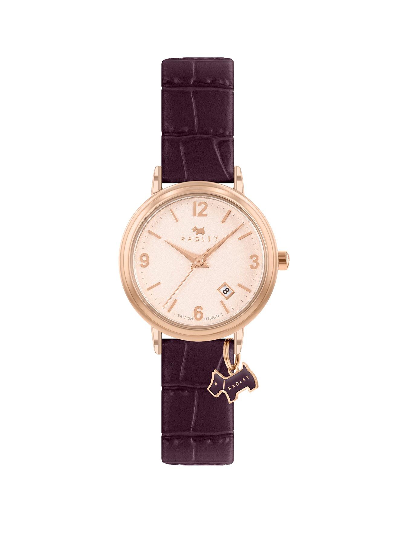Product photograph of Radley Ladies Aubergine Stepped Bezel Rose Gold Plated Strap Watch from very.co.uk