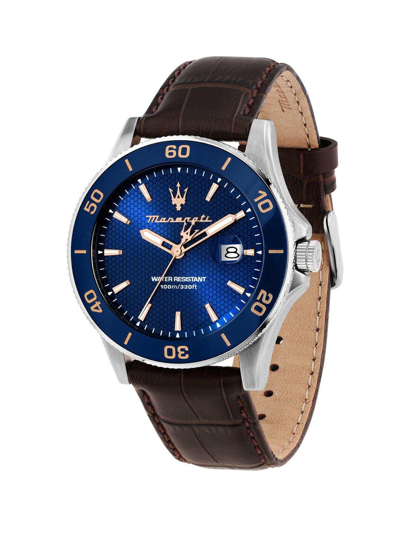 Product photograph of Maserati Gents Competizione Blue Dial Brown Leather Strap from very.co.uk