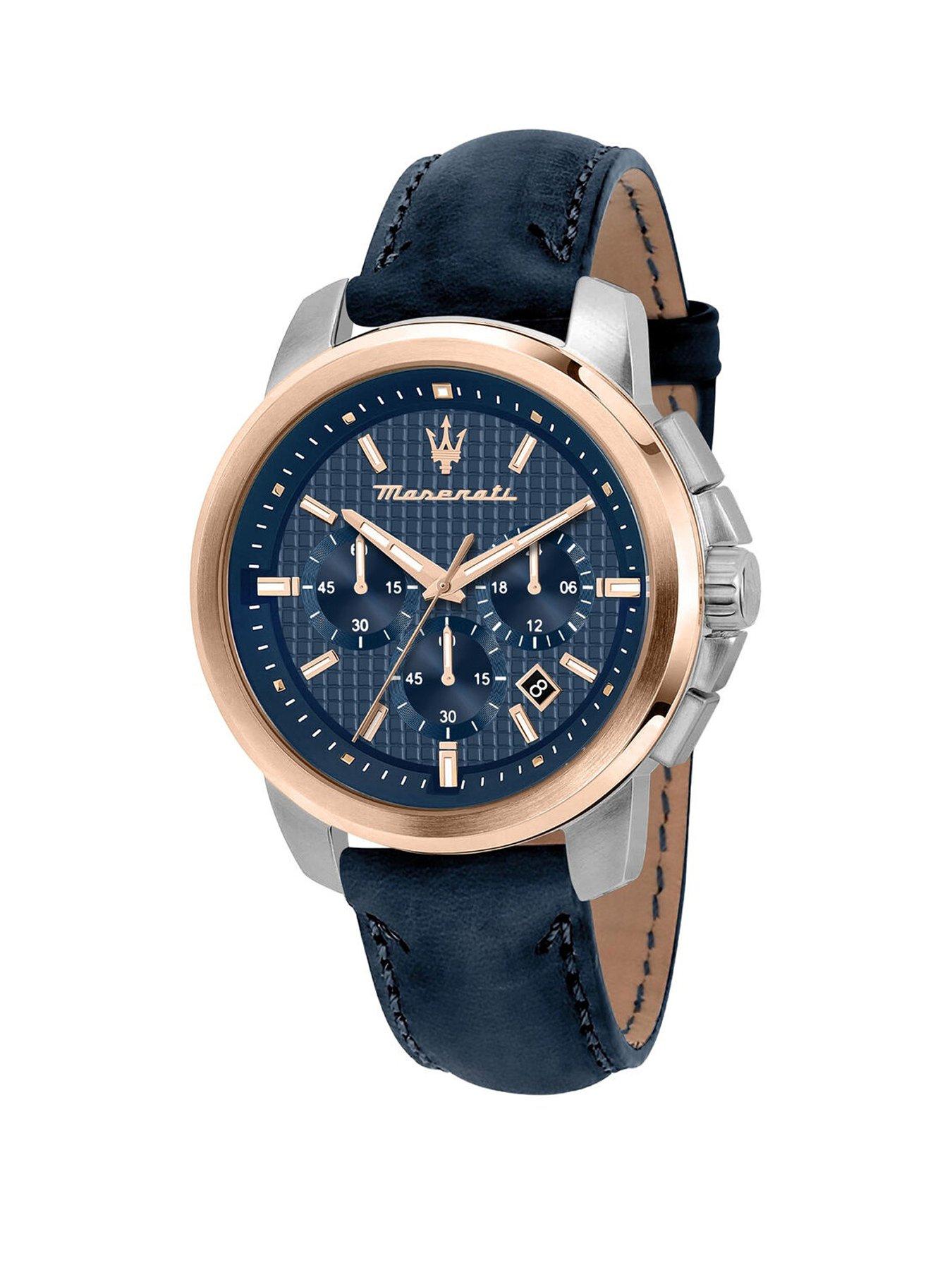 Product photograph of Maserati Gents Successo Silver And Rose Gold Blue Lth Strap from very.co.uk