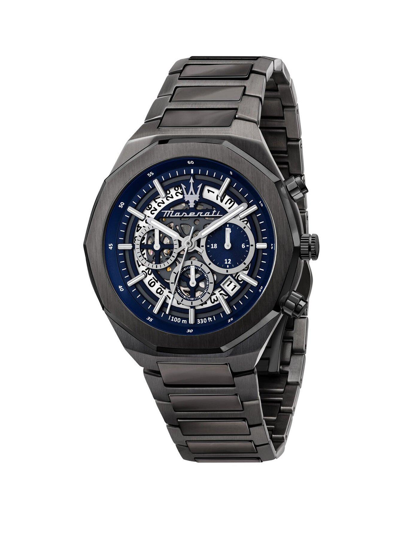 Product photograph of Maserati Gents Stile Chronograph Skeleton Dial Gun Metal from very.co.uk