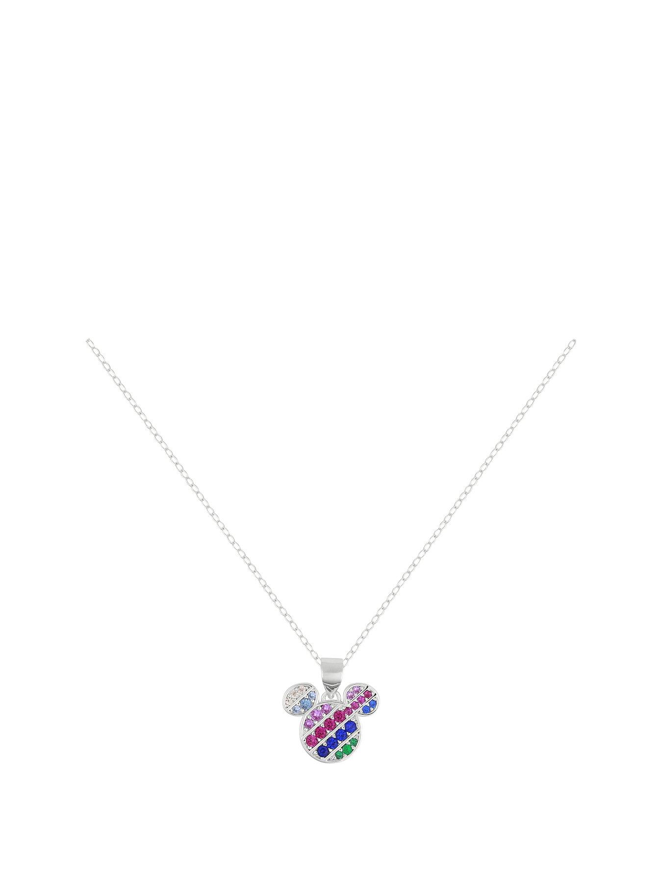 Product photograph of Disney Sterling Silver Multicoloured Stone Set Mickey Mouse Necklace from very.co.uk