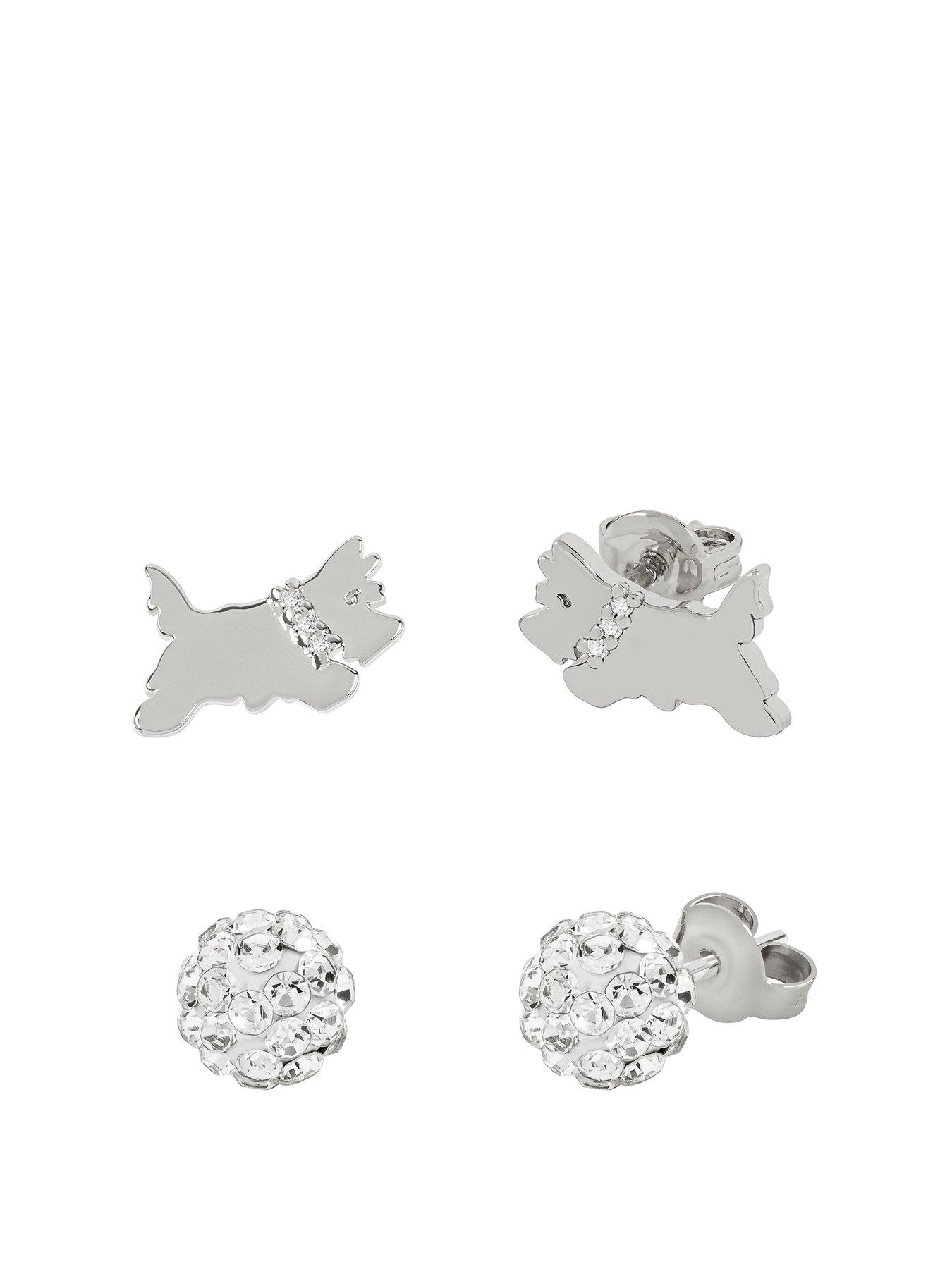 Product photograph of Radley Rocks Ladies Silver Plated Clear Stone Set Fireball And Jumping Dog Twin Pack Earrings from very.co.uk