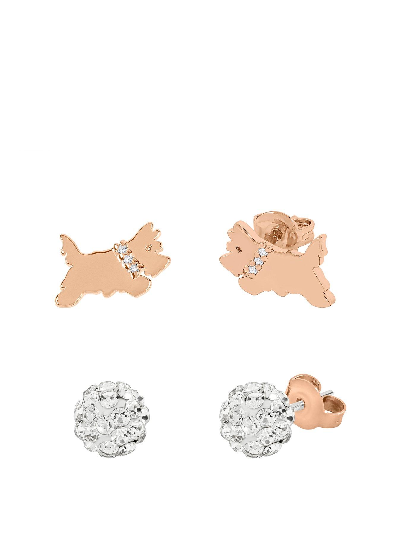 Product photograph of Radley Rocks Ladies 18ct Rose Gold Plated Clear Stone Set Fireball And Jumping Dog Twin Pack Earrings from very.co.uk
