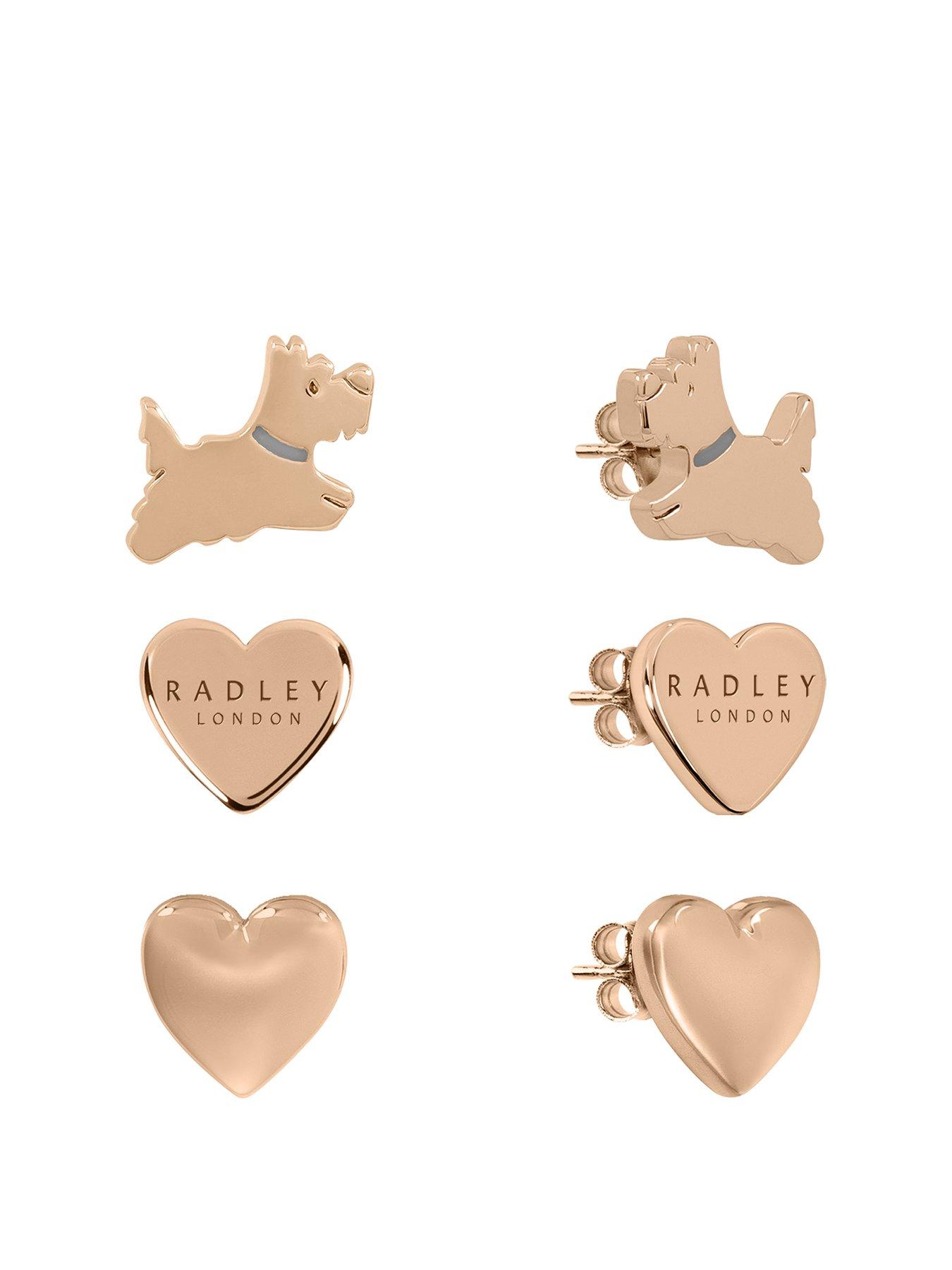 Product photograph of Radley 18ct Rose Gold Plated Hearts Amp Jumping Dog Triple Stud Earring Set from very.co.uk