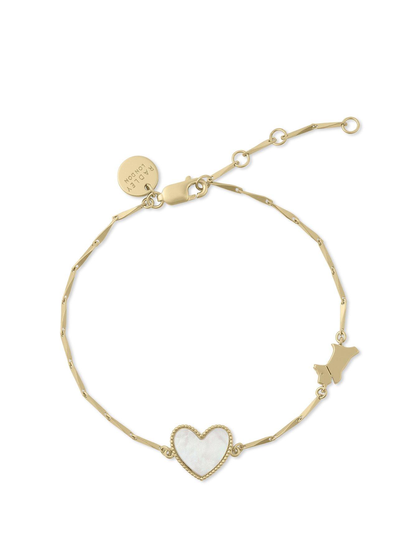 Product photograph of Radley 18ct Gold Plated Sterling Silver Genuine Mother Of Pearl Heart Amp Jumping Dog Bracelet from very.co.uk