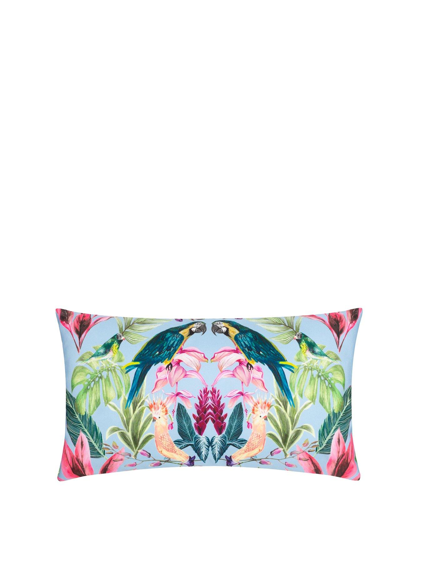 Product photograph of Wylder Tropics Kali Birds Outdoor Polyester Cushion Sky Blue from very.co.uk
