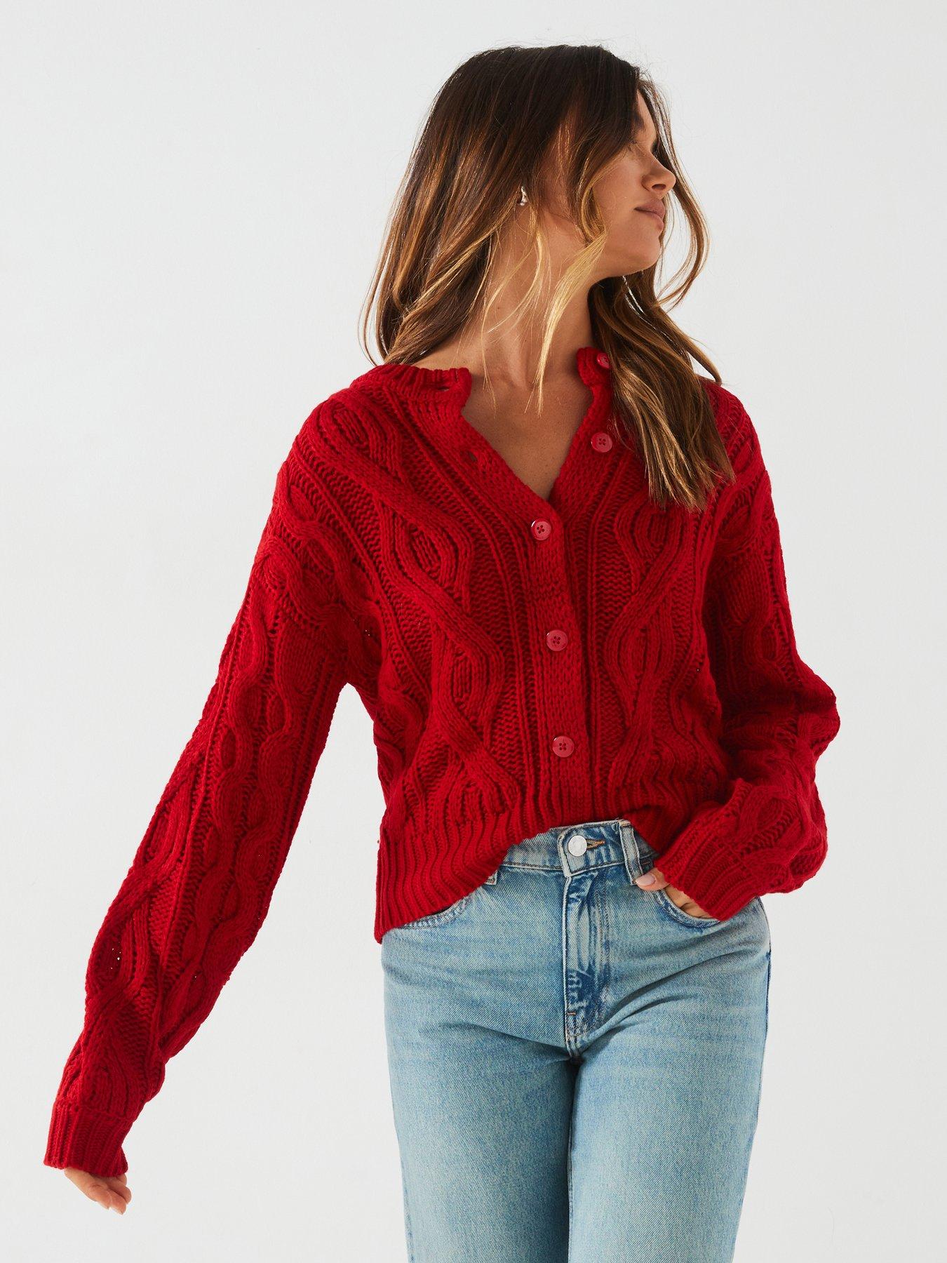 V by Very Cable Knit Cropped Cardigan Red Very
