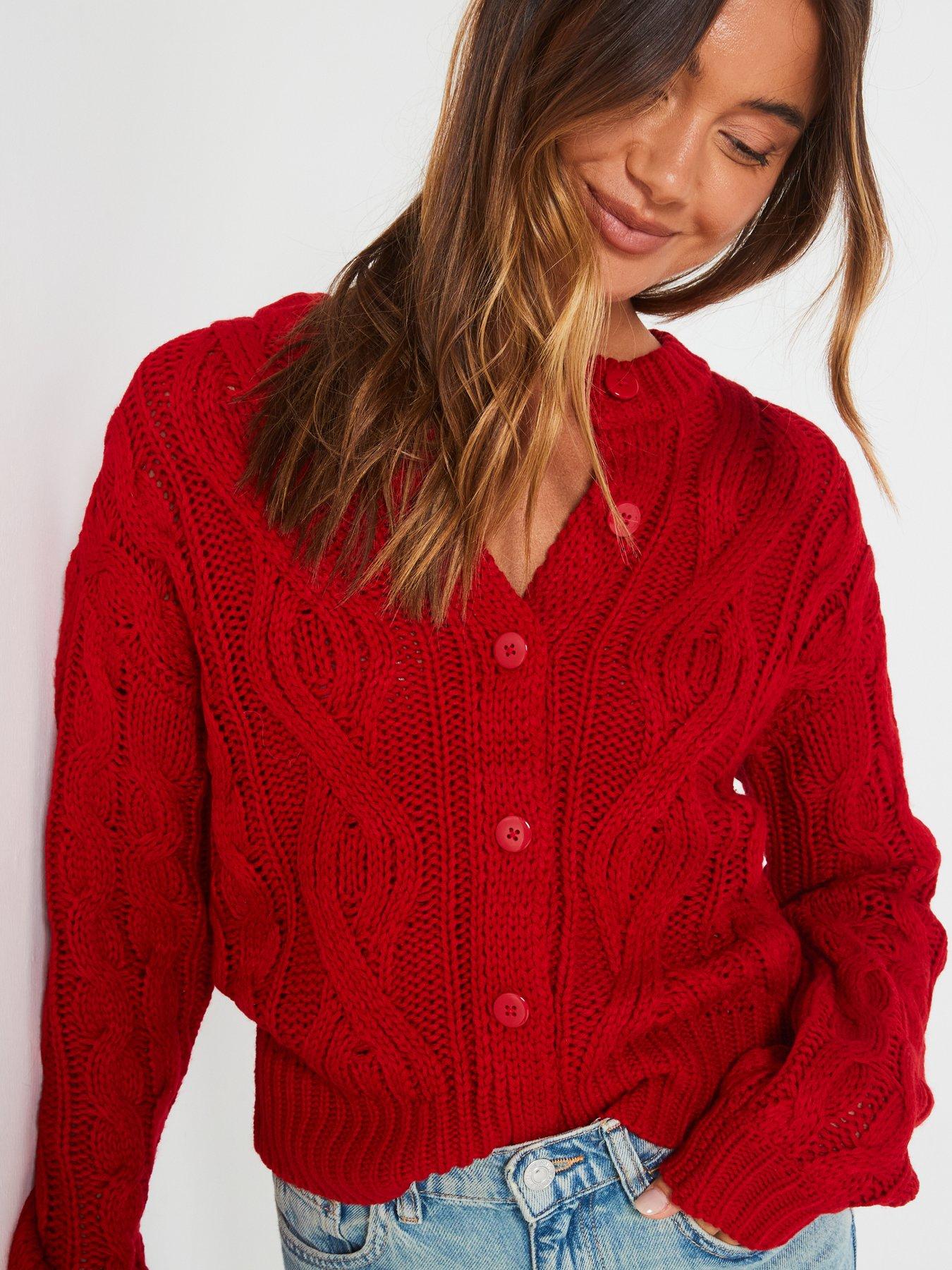 V by Very Cable Knit Cropped Cardigan Red Very