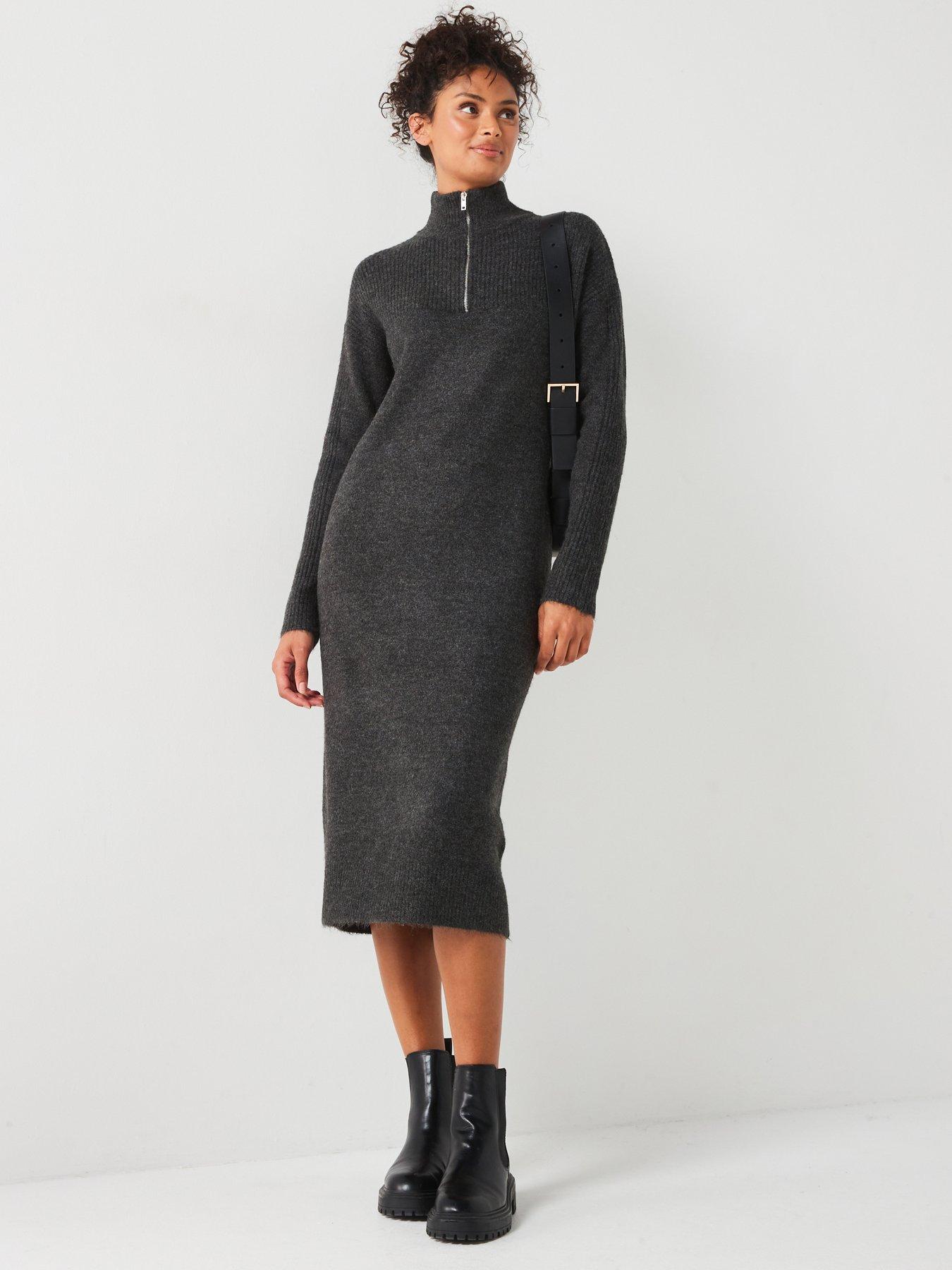 undefined Knitted Quarter Zip Midi Dress - Charcoal