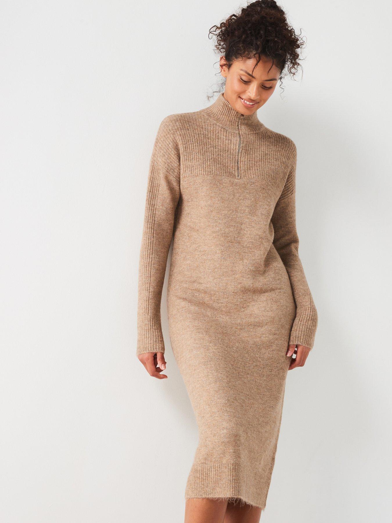 undefined Knitted Quarter Zip Midi Dress - Neutral