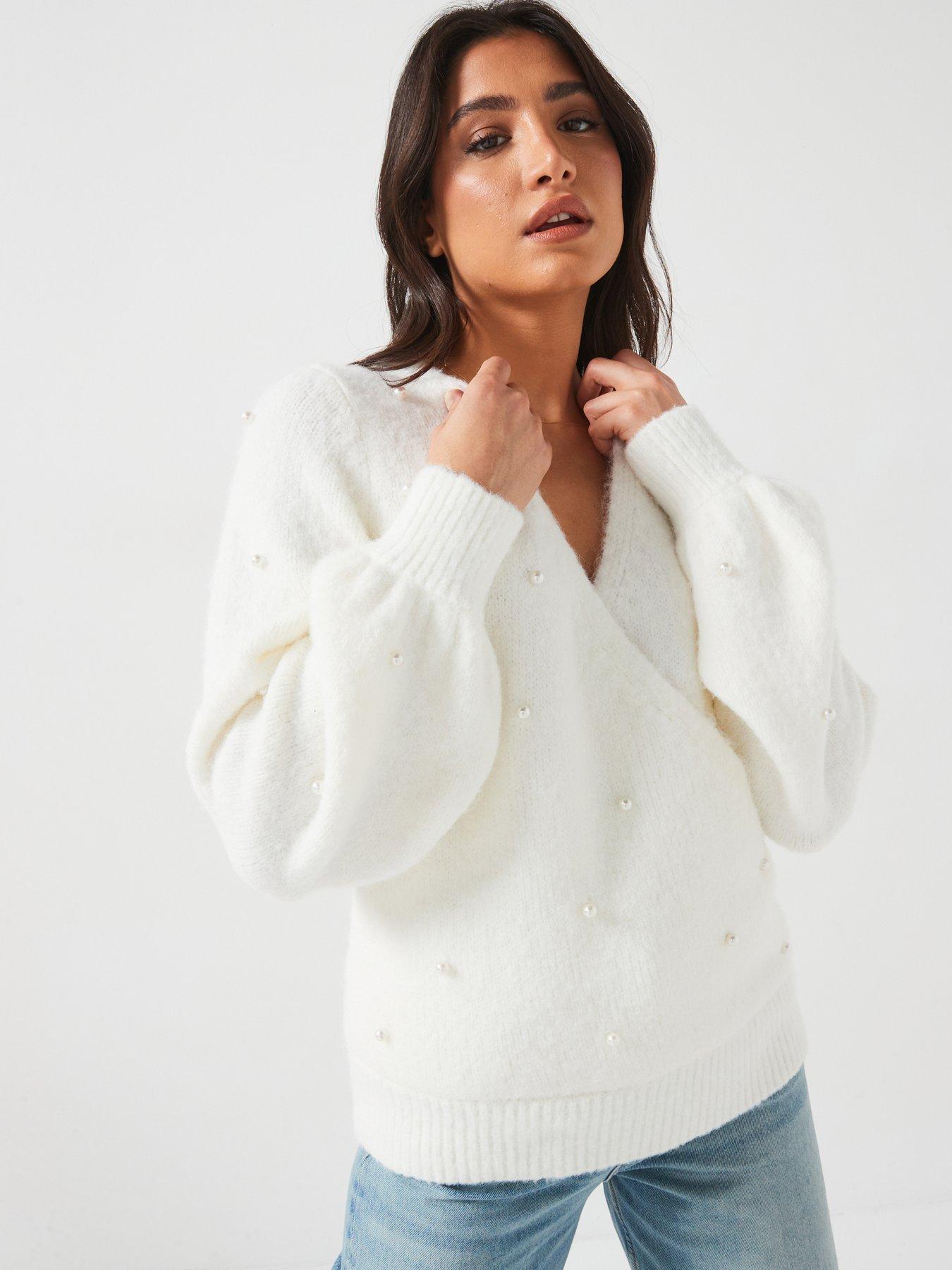 undefined Pearl Embellished Wrap Jumper - Ivory