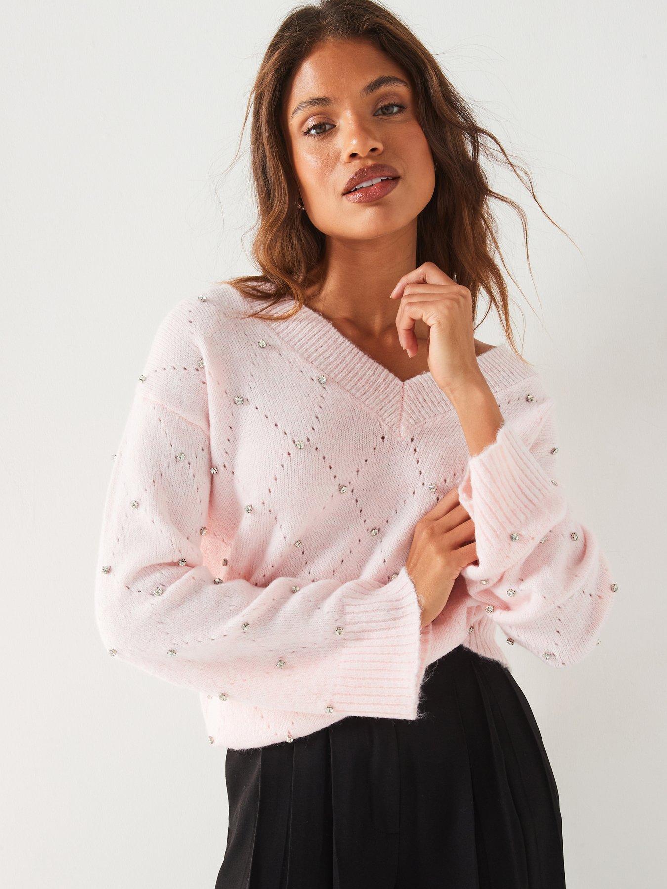 undefined V Neck Embellished Pointelle Jumper - Light Pink