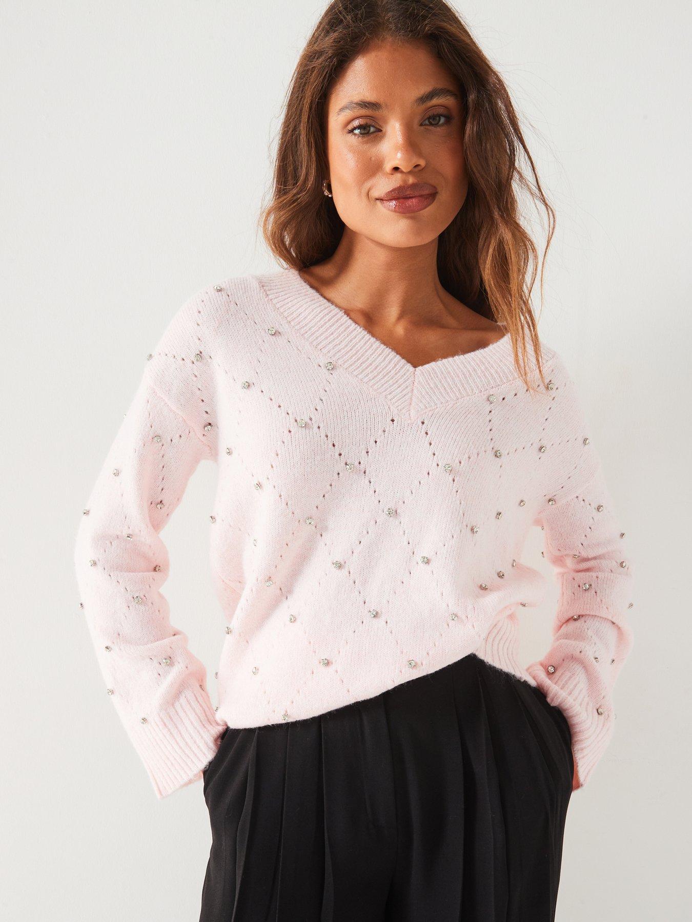 V by Very V Neck Embellished Pointelle Jumper Light Pink Very