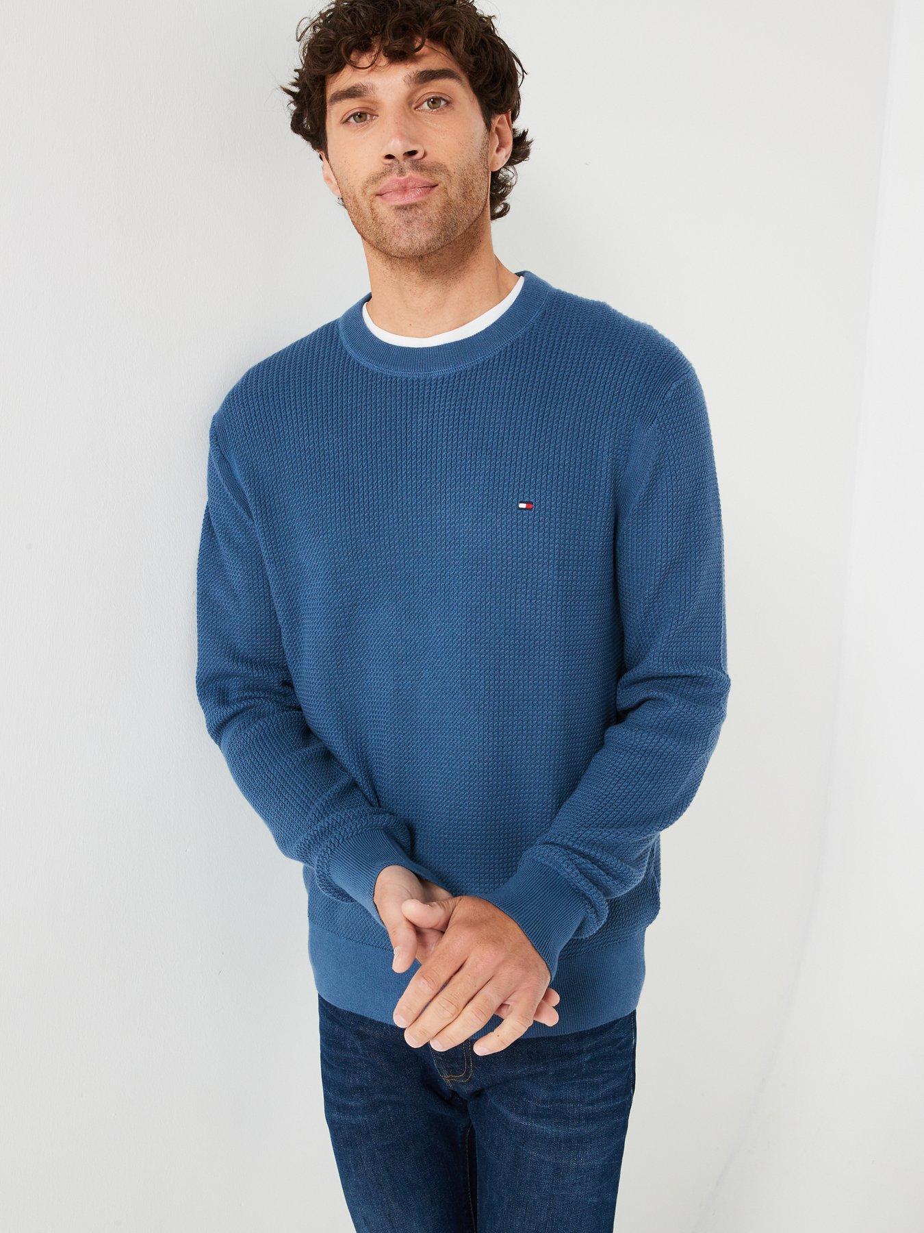 tommy hilfiger structure textured crew neck knitted jumper - blue