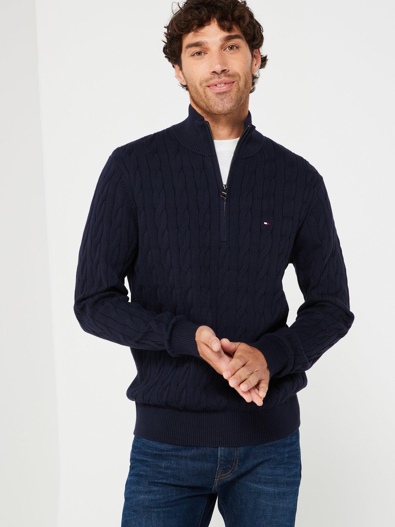 undefined Classic Cotton Cable 1/4 Zip Mock Knitted Jumper - Navy