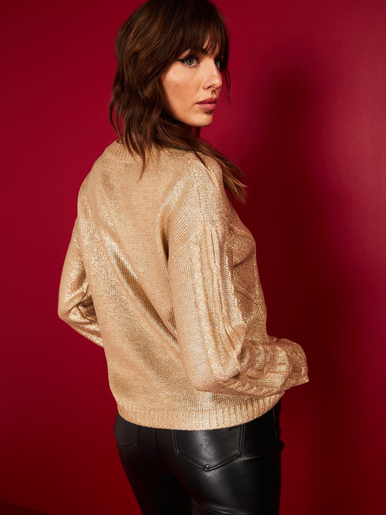 Image 2 of 6 of V by Very Cable Knit Metallic Foiled Jumper - Gold