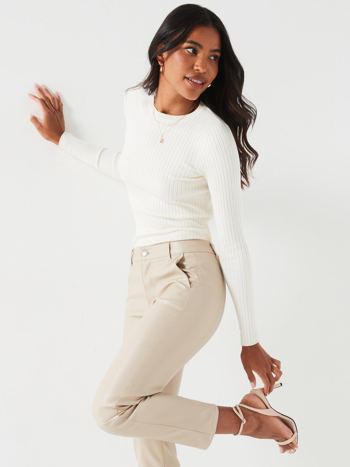 ladies cream cigarette trousers V by Very Faux Leather Slim Cigarette Trousers - Beige