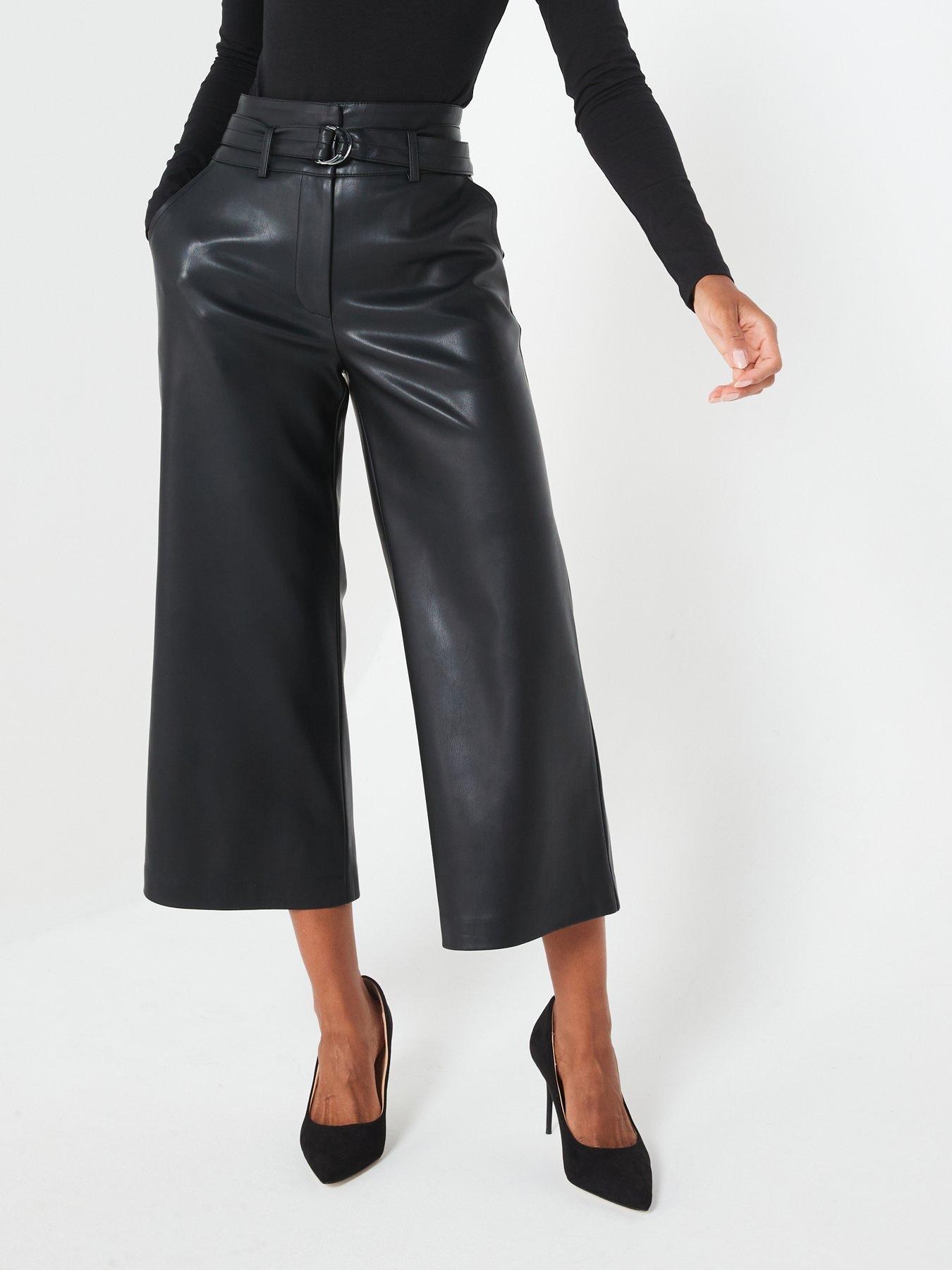 V by Very Faux Leather Paperbag Wide Leg Crop Trousers Black Very