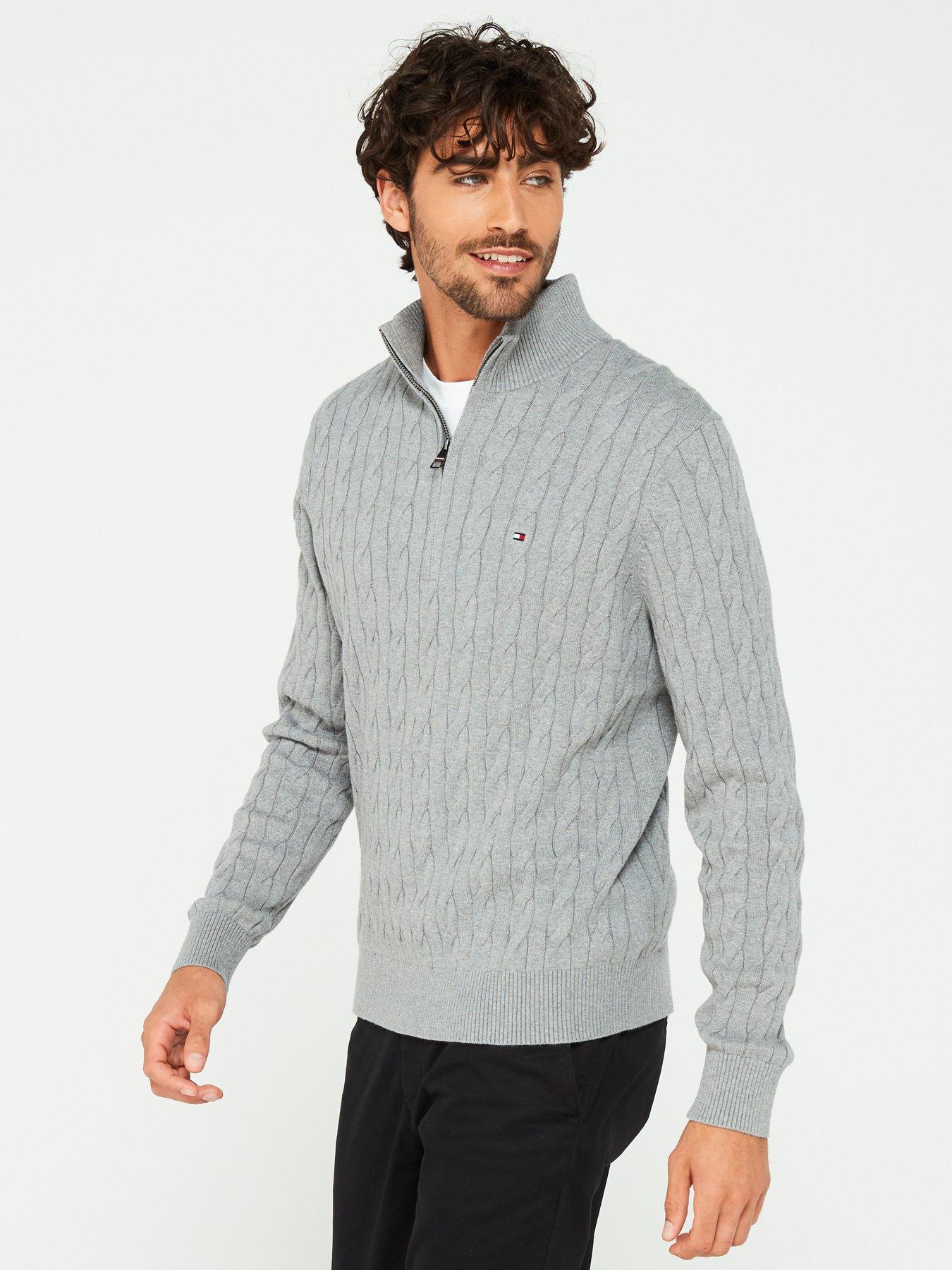 Tommy Hilfiger Classic Cotton Cable 1/4 Zip Mock Knitted Jumper - Grey