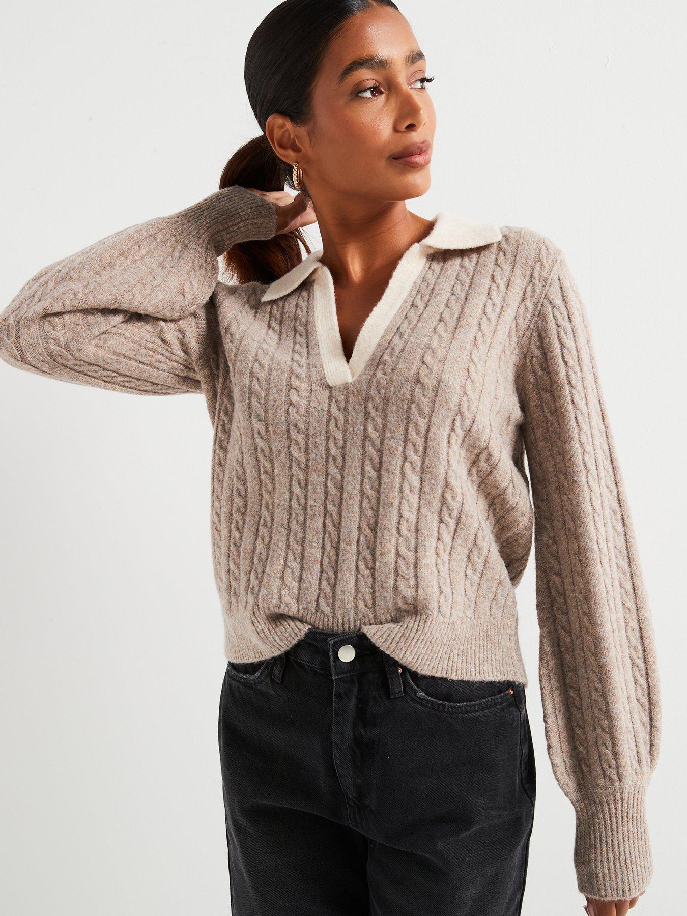 V by Very Cable Knit Contrast Collared Jumper Mocha Very